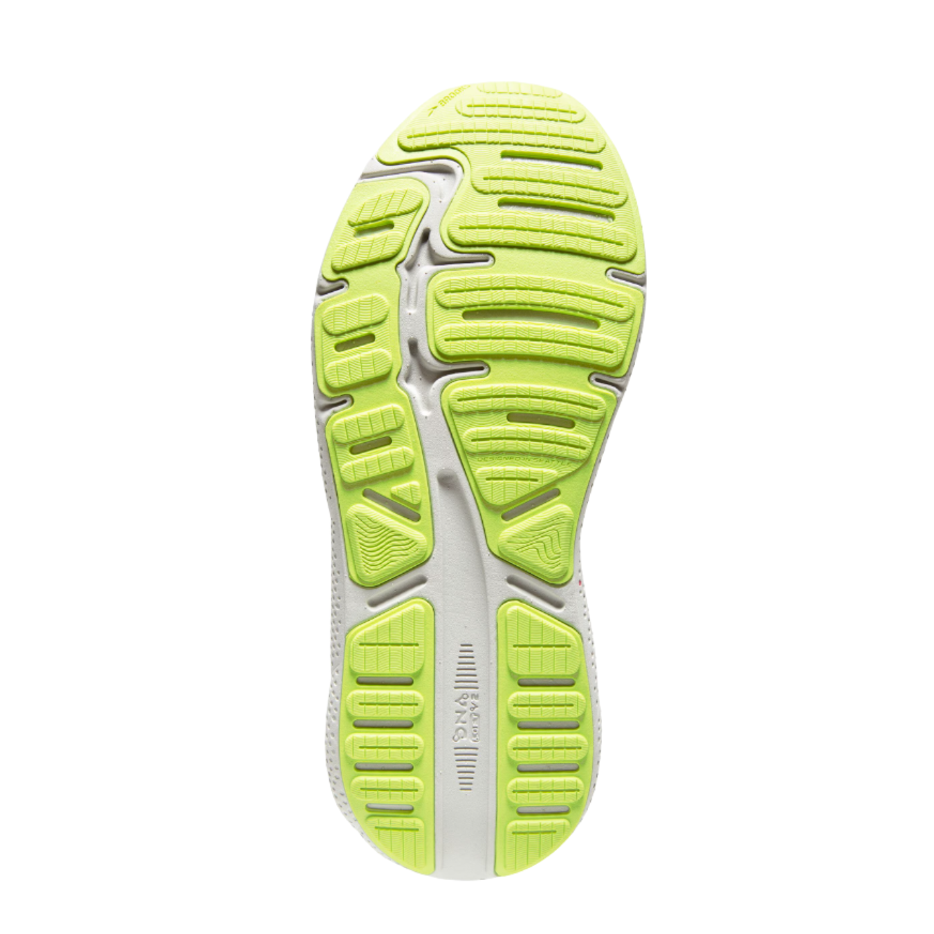 Bottom view of Men’s Brooks Ghost Max Running Shoe in Grey/Black/Green – Featuring durable rubber outsole, excellent traction, and strategic placement of flex grooves for a natural stride.