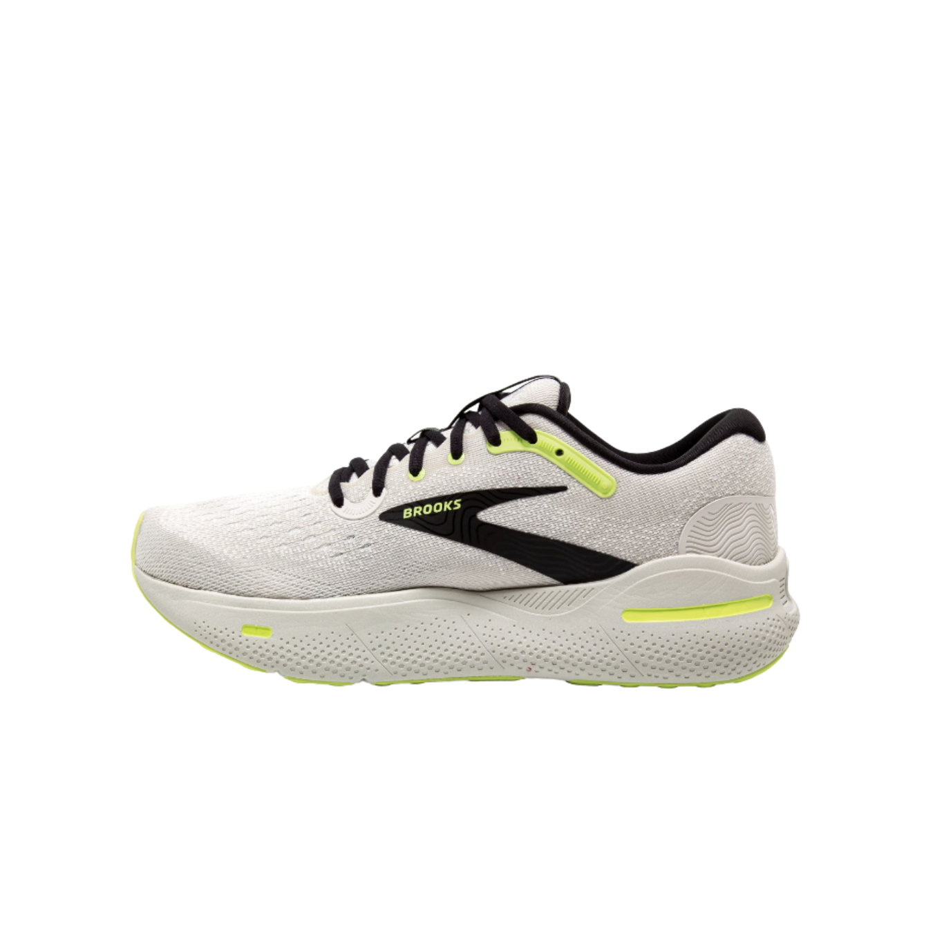 Side view of Men’s Brooks Ghost Max Running Shoe in Grey/Black/Green – Featuring responsive cushioning, a smooth ride, and enhanced stability for all-day comfort.
