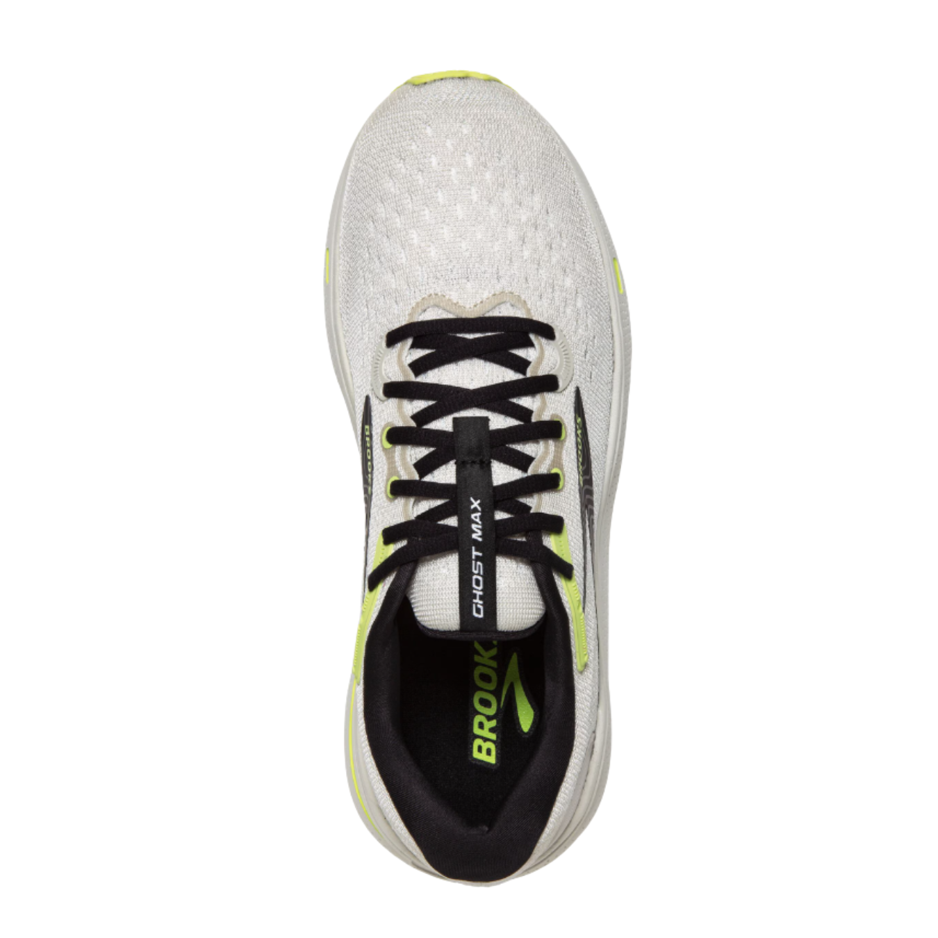 Top view of Men’s Brooks Ghost Max Running Shoe in Grey/Black/Green – Featuring a breathable mesh upper, plush cushioning, and a secure, flexible fit.