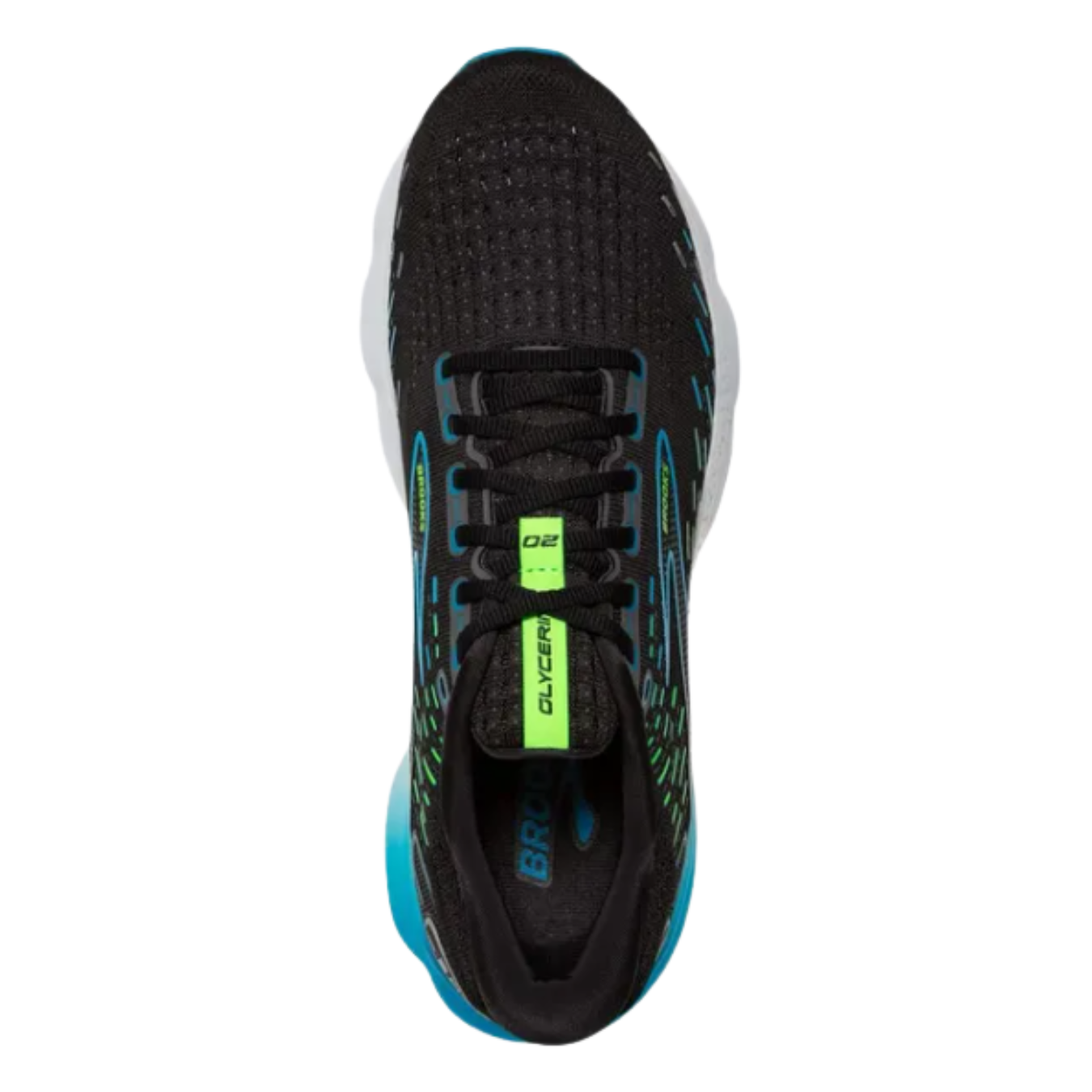 Top View of Men’s Brooks Glycerin 20 in black/hawaiian ocean/green – featuring a breathable engineered mesh upper, plush interior lining, and secure lace-up design, along with nitrogen-infused DNA LOFT v3 cushioning for a soft, responsive feel.
