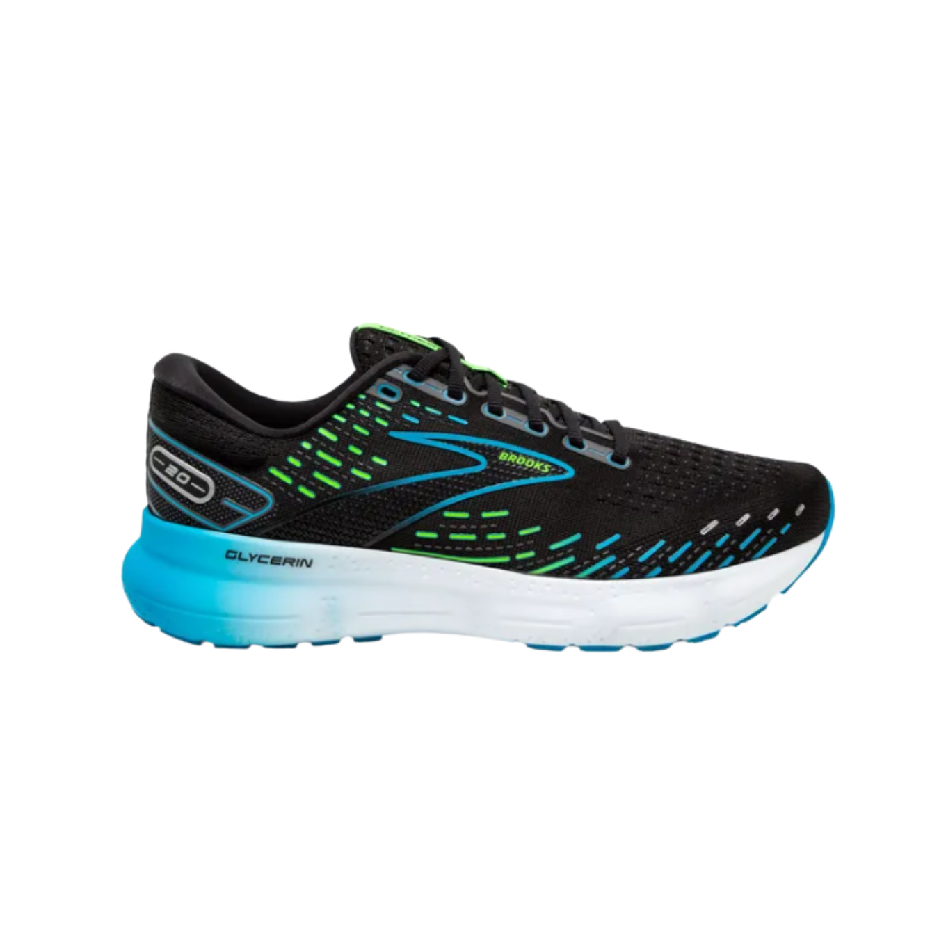 Side View of Men’s Brooks Glycerin 20 in black/hawaiian ocean/green – showcasing the wider platform for enhanced stability, smooth heel-to-toe transitions, and DNA LOFT v3 cushioning for a plush, responsive ride.