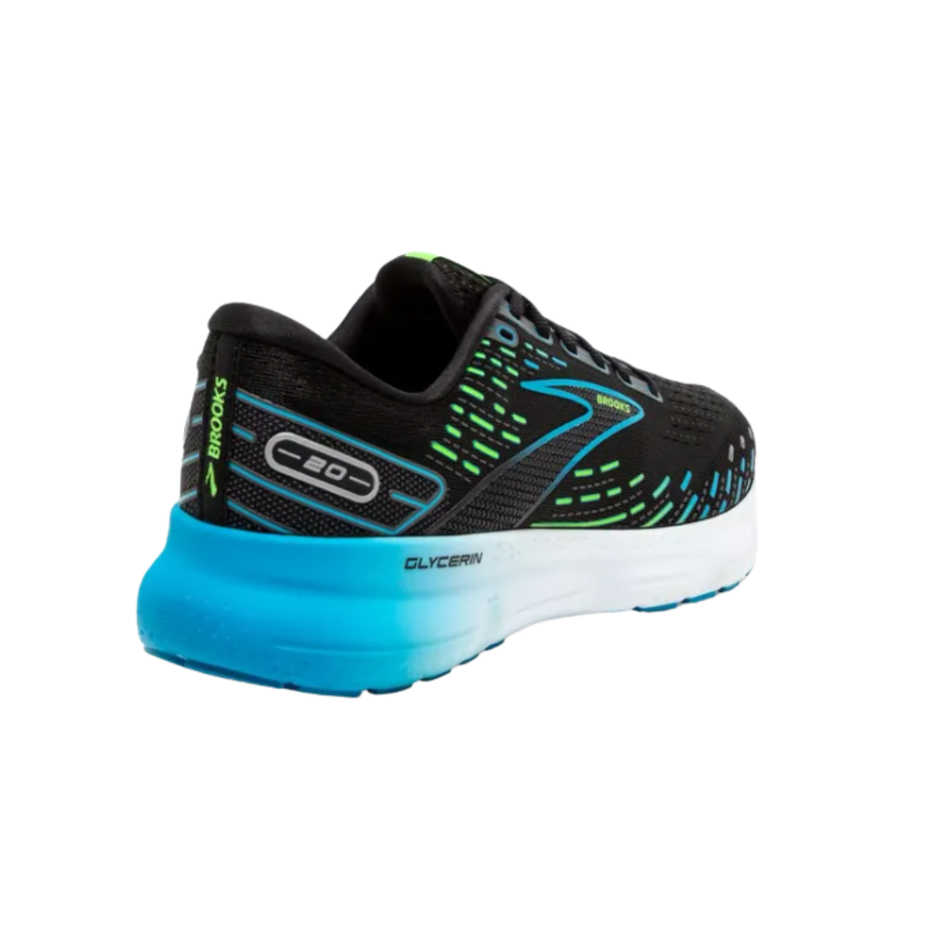 Angled View of Men’s Brooks Glycerin 20 in black/hawaiian ocean/green – featuring the soft and breathable upper, plush cushioning, and responsive midsole for a comfortable and stable fit with every step.