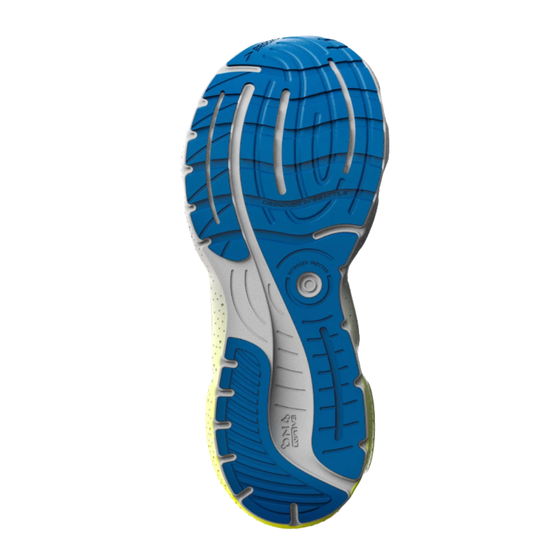 Bottom view of Men’s Brooks Glycerin 20 in Blue/Nightlife/White – featuring a durable rubber outsole with segmented crash pad and strategic tread patterns for reliable traction on various surfaces.