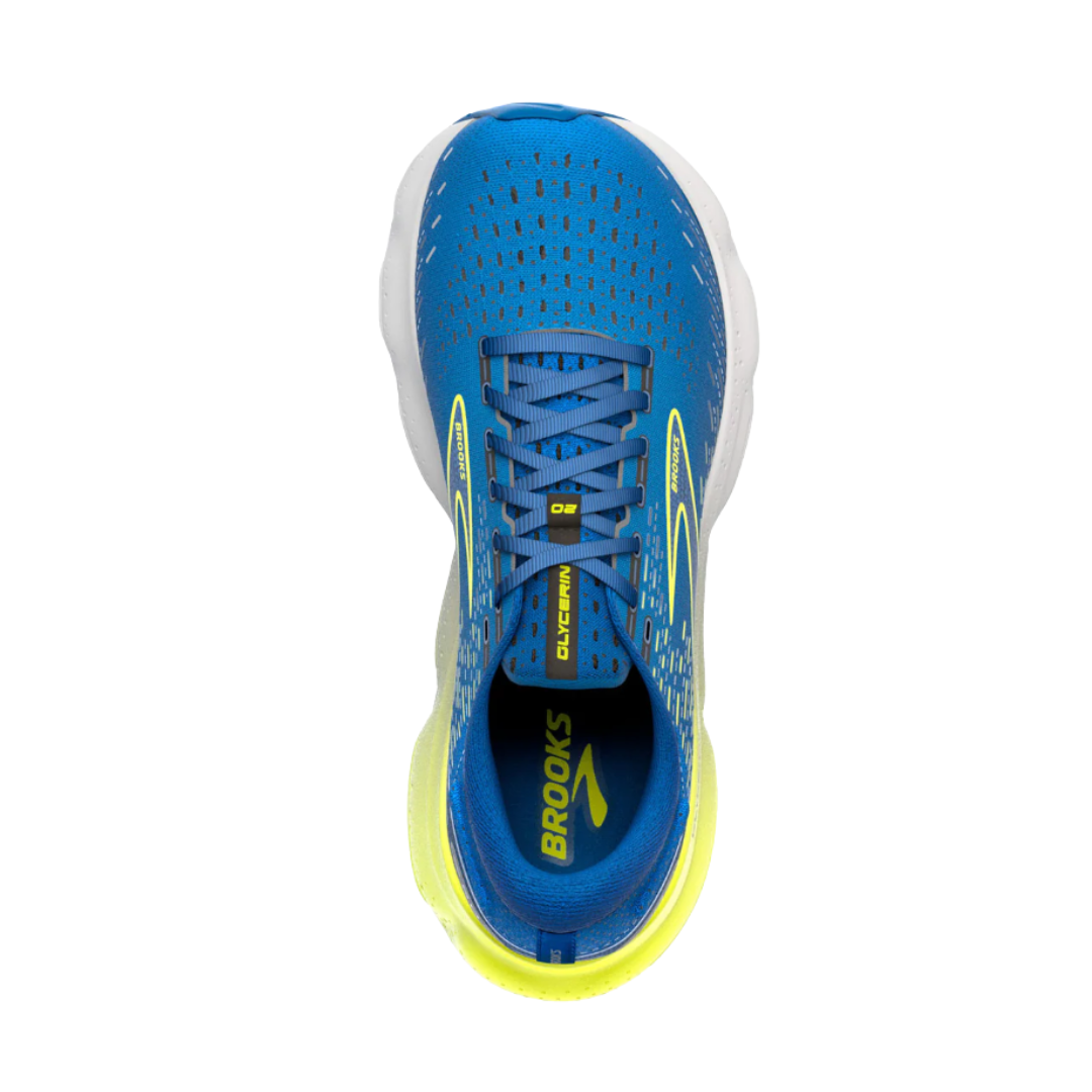Top view of Men’s Brooks Glycerin 20 in Blue/Nightlife/White – featuring a breathable engineered mesh upper, traditional lace-up closure, and padded tongue for enhanced comfort.