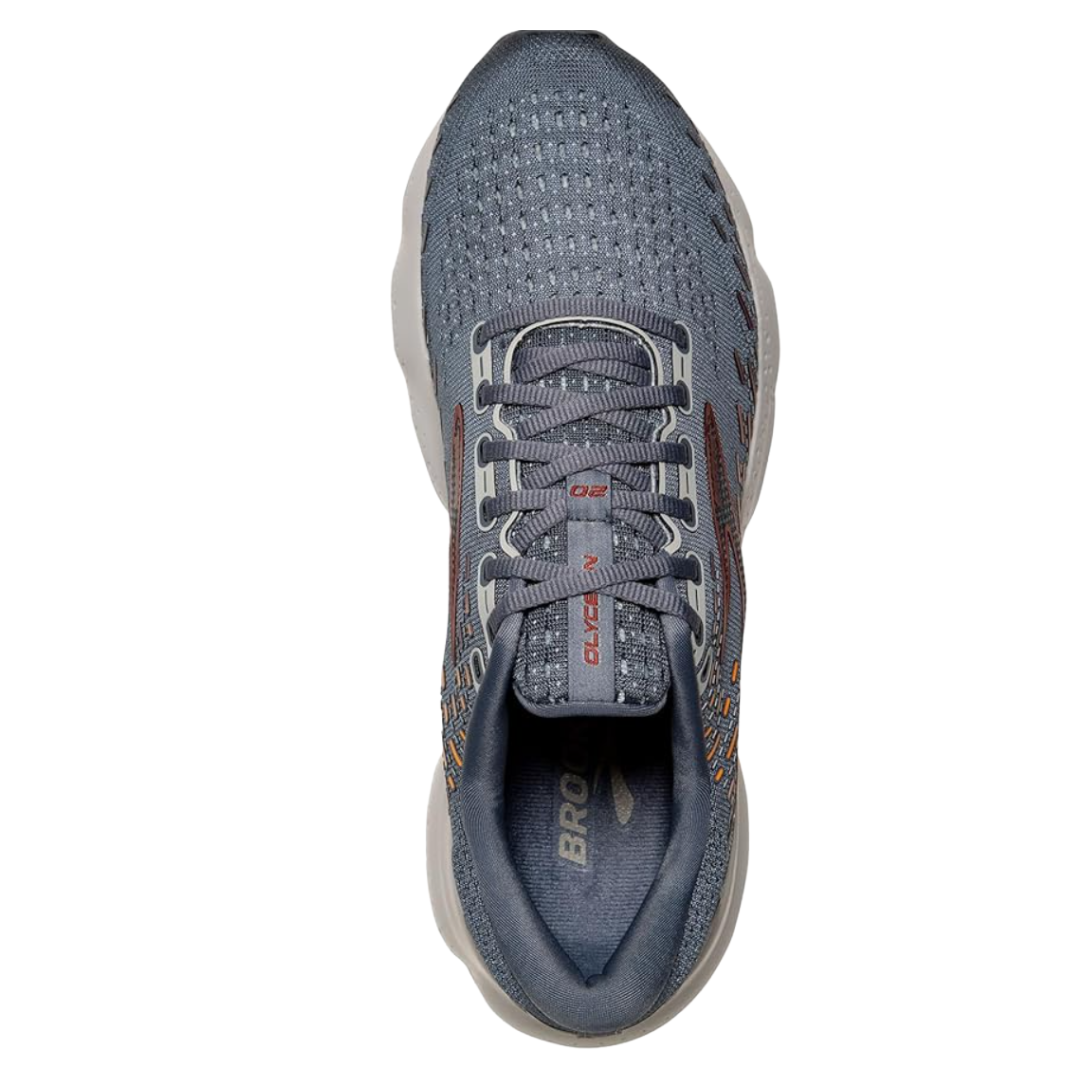 Top View of Men’s Brooks Glycerin 20 running shoe in Gray/Chili Oil/Orange – featuring nitrogen-infused DNA LOFT v3 cushioning, engineered mesh upper, and plush interior for comfort on long runs.