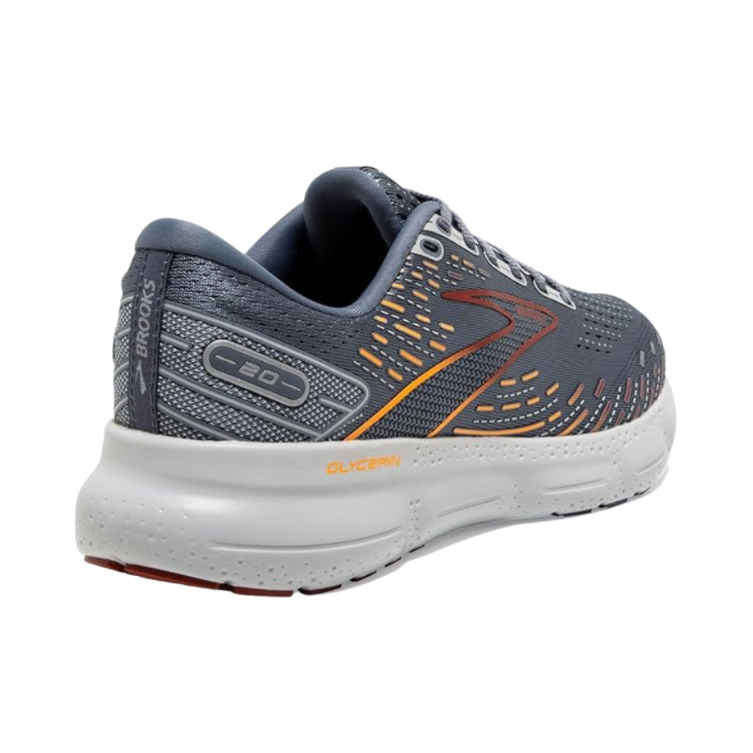 Angled View of Men’s Brooks Glycerin 20 running shoe in Gray/Chili Oil/Orange – featuring a modern silhouette, padded tongue and collar, and streamlined lacing system for secure fit.