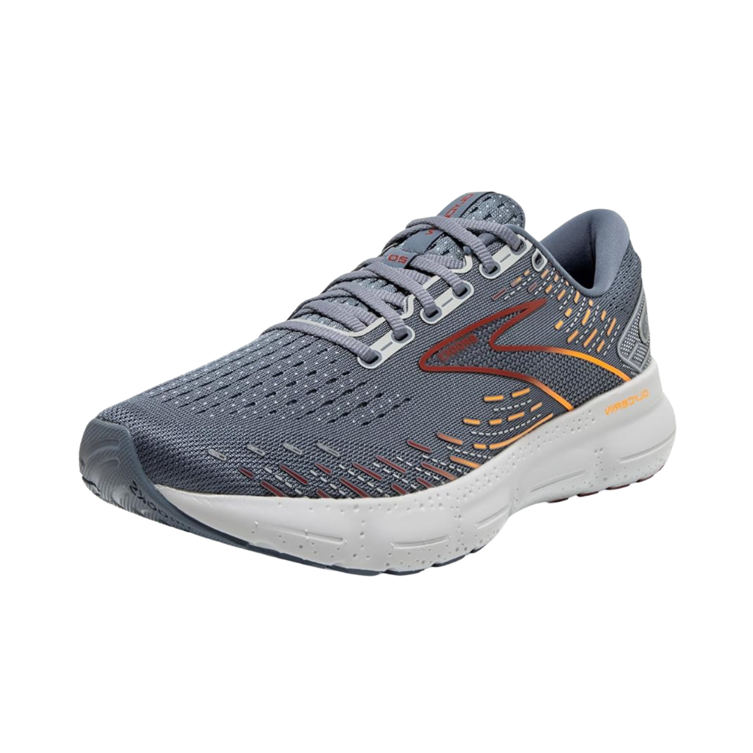 Side View of Men’s Brooks Glycerin 20 running shoe in Gray/Chili Oil/Orange – featuring nitrogen-infused DNA LOFT v3 cushioning, engineered mesh upper, and plush interior for comfort on long runs.