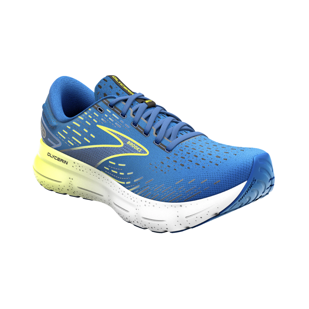 Side view of Men’s Brooks Glycerin 20 in Blue/Nightlife/White – featuring a breathable engineered mesh upper, traditional lace-up closure, and padded tongue for enhanced comfort.