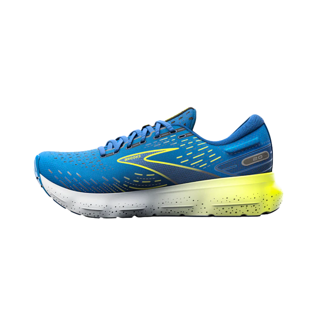 Side view of Men’s Brooks Glycerin 20 in Blue/Nightlife/White – featuring a breathable engineered mesh upper, traditional lace-up closure, and padded tongue for enhanced comfort.