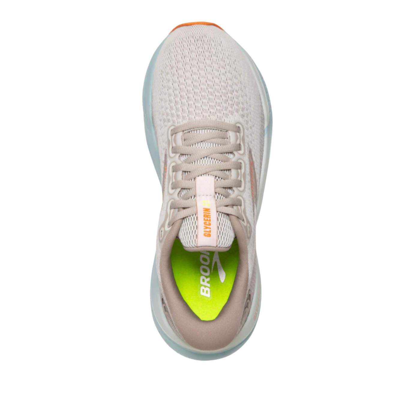 Top view of Women’s Brooks Glycerin 21 in Coconut Aqua/Autumn Sunset, featuring a soft, breathable engineered mesh upper with a secure fit, and luxurious DNA LOFT v3 cushioning for ultimate comfort with each step.