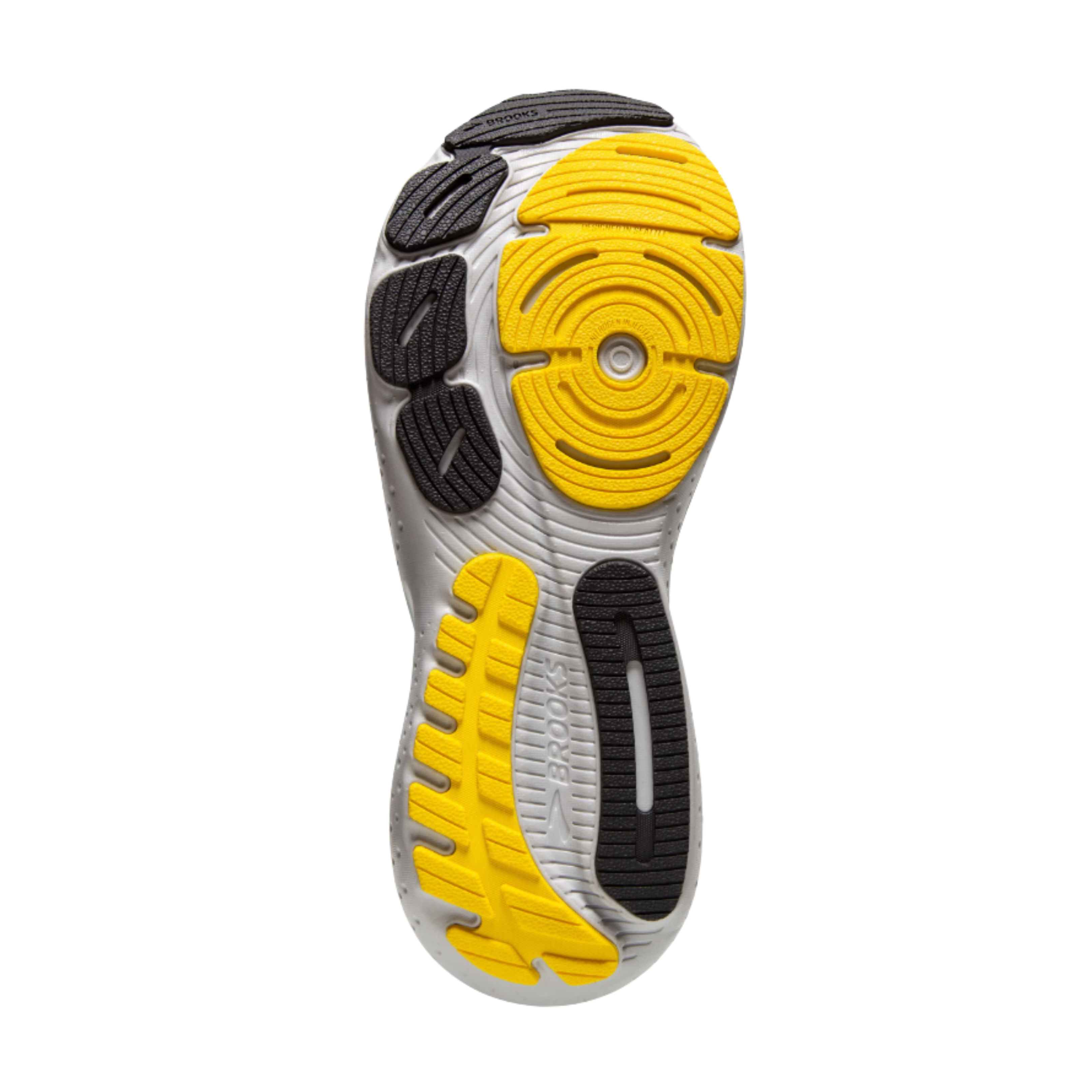 Bottom view of Brooks Glycerin 21 Men’s in Coconut/Forged Iron/Yellow – Featuring a durable rubber outsole with a segmented crash pad for enhanced traction and smoother transitions.