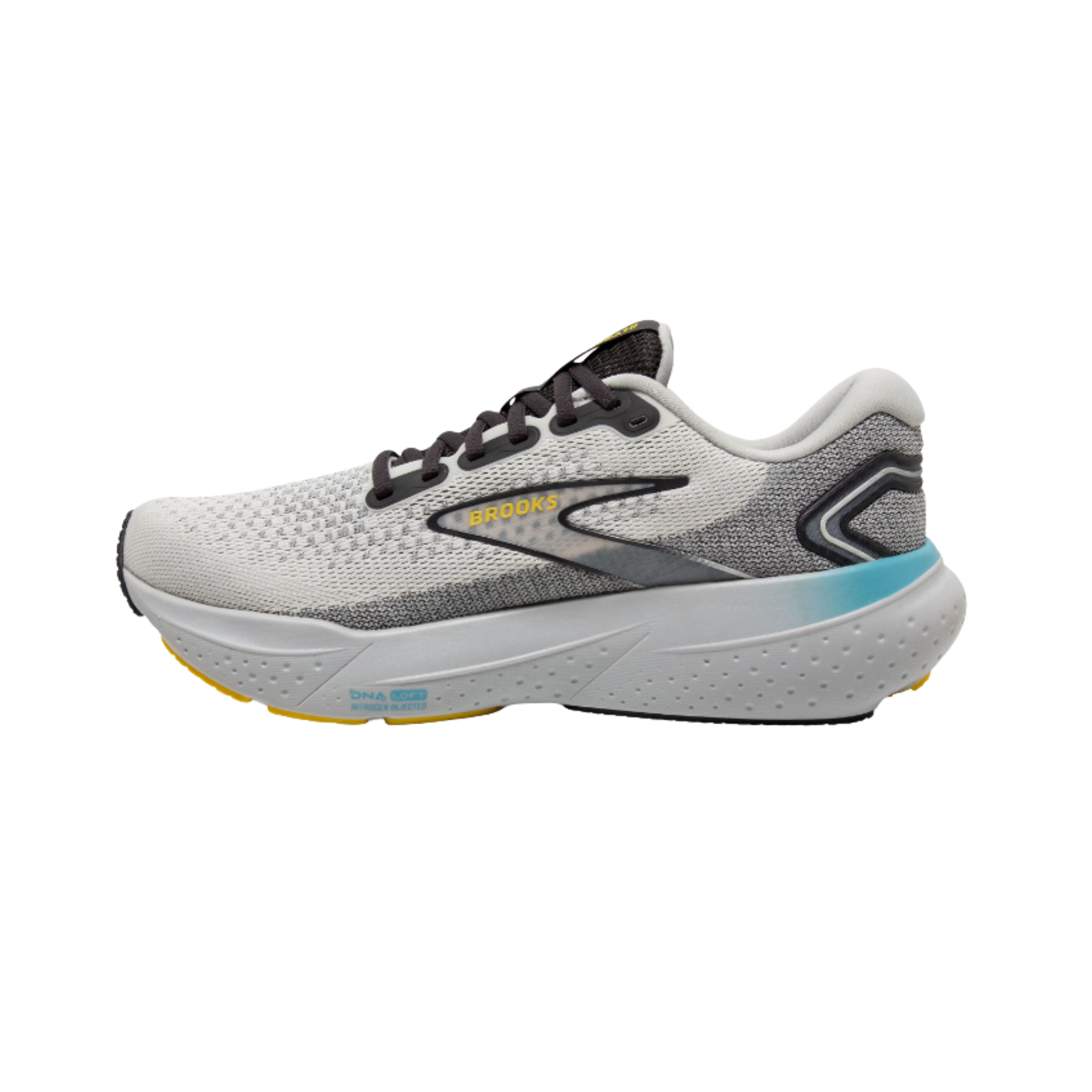 Side view of Brooks Glycerin 21 Men’s in Coconut/Forged Iron/Yellow – Featuring plush DNA LOFT v3 cushioning for a smooth, responsive ride with a sleek silhouette.