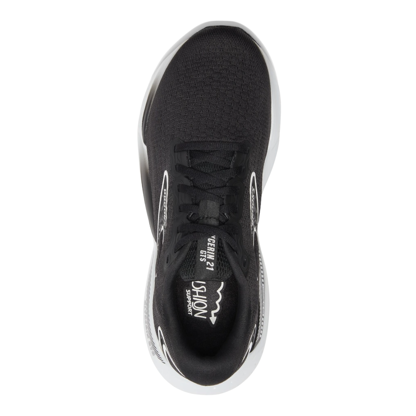 Top View of Women’s Brooks Glycerin GTS 21 in black/grey/white – featuring a breathable engineered mesh upper, secure lace-up design, and nitrogen-infused DNA LOFT v3 cushioning for plush, responsive comfort.