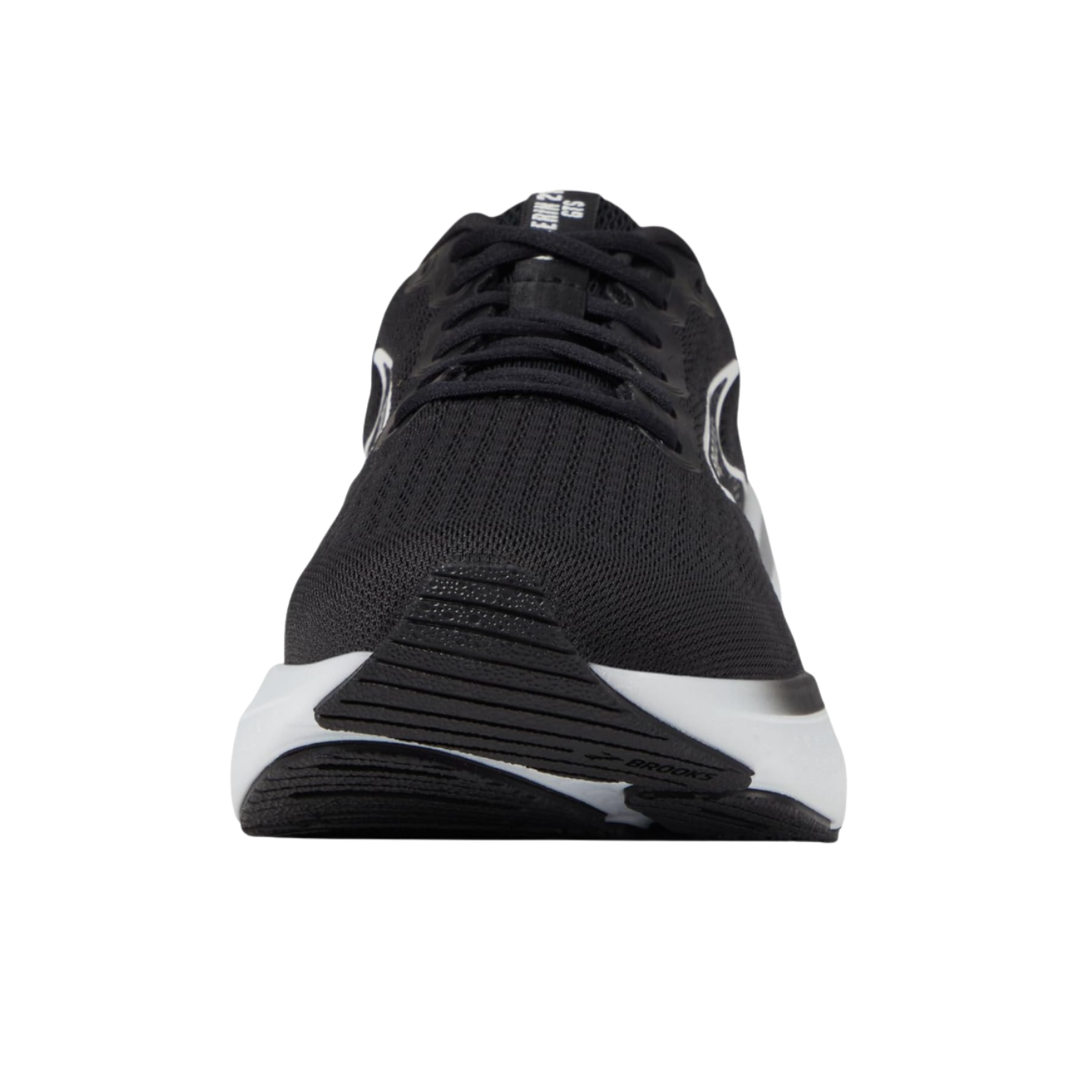 Front View of Women’s Brooks Glycerin GTS 21 in black/grey/white – featuring a breathable, structured mesh upper with a secure lace-up design, showcasing the cushioned DNA LOFT v3 midsole for soft, responsive comfort.