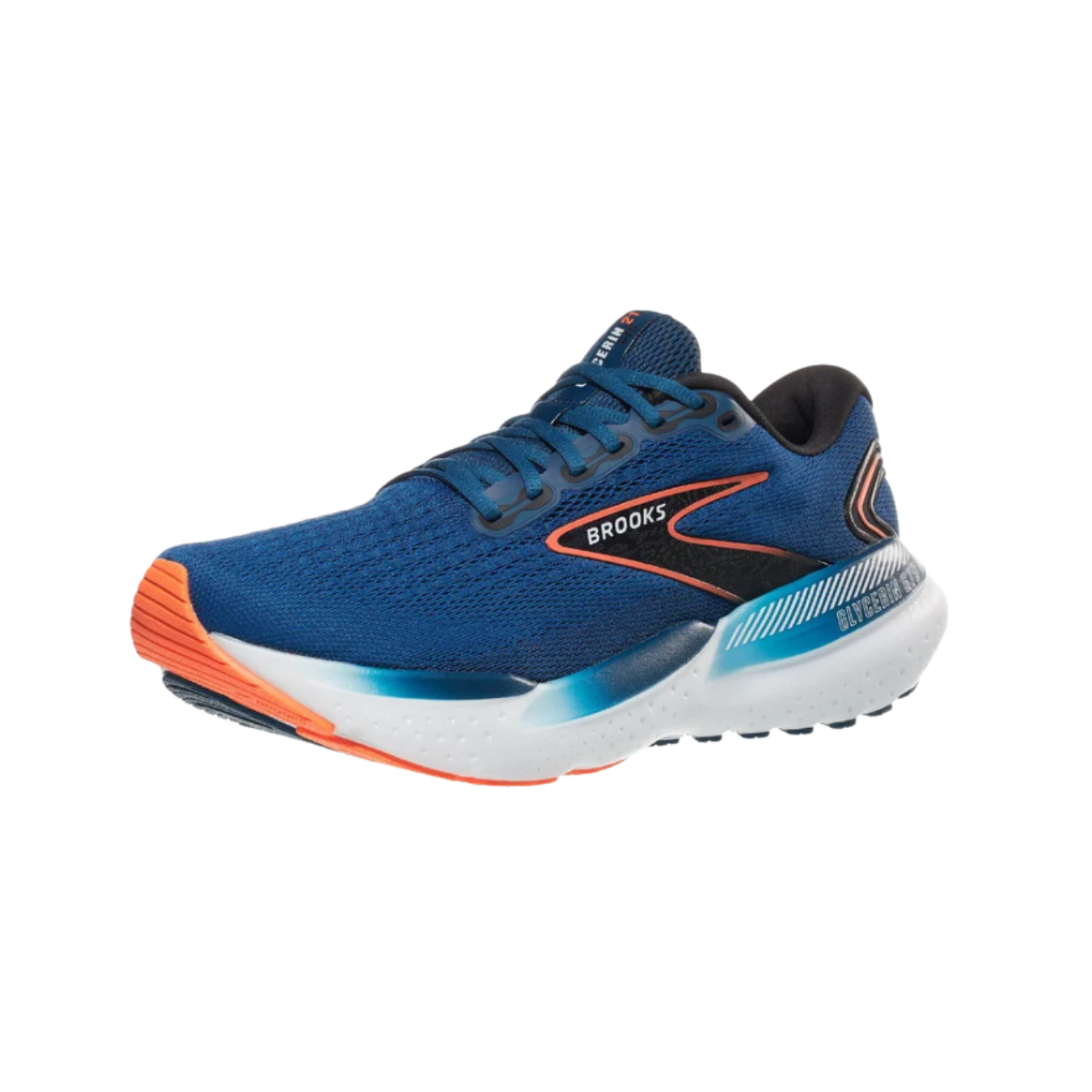 Side View of Women’s Brooks Glycerin GTS 21 running shoe in Blue/Icy Pink/Rose – featuring GuideRails® holistic support system, plush DNA LOFT v3 cushioning, and breathable engineered mesh upper.