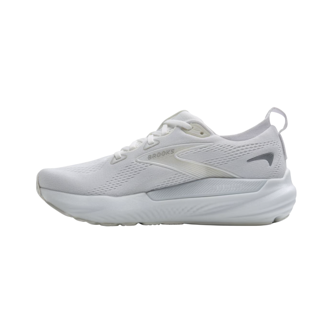 Side view of Women’s Brooks Glycerin GTS 22 running shoe in white, white, and grey – featuring engineered mesh upper for breathability, GuideRails support system to stabilize the foot and reduce excess movement, and DNA LOFT cushioning for plush, adaptive ride.