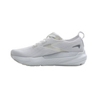 Side view of Women’s Brooks Glycerin GTS 22 running shoe in white, white, and grey – featuring engineered mesh upper for breathability, GuideRails support system to stabilize the foot and reduce excess movement, and DNA LOFT cushioning for plush, adaptive ride.