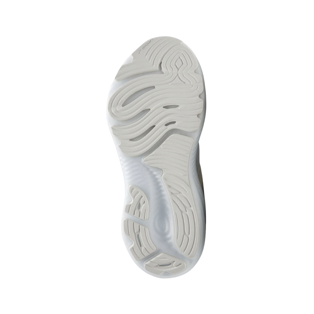 Back view of Women’s Brooks Glycerin GTS 22 running shoe in white, white, and grey – featuring molded heel counter for rearfoot stability, pull tab for easy on and off, and subtle branding details.