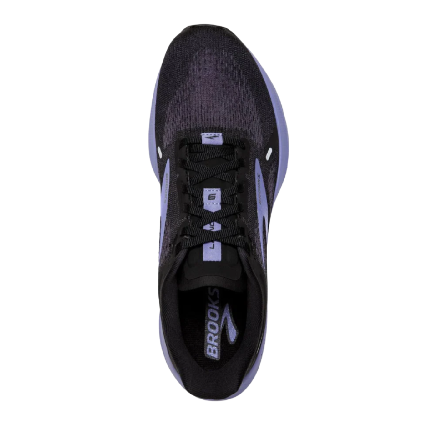 Top view of Women’s Brooks Launch 9 in black/ebony/purple – showcasing the breathable Creel warp mesh upper, lightweight BioMoGo DNA midsole, and sleek, secure fit for optimal performance during runs and workouts.