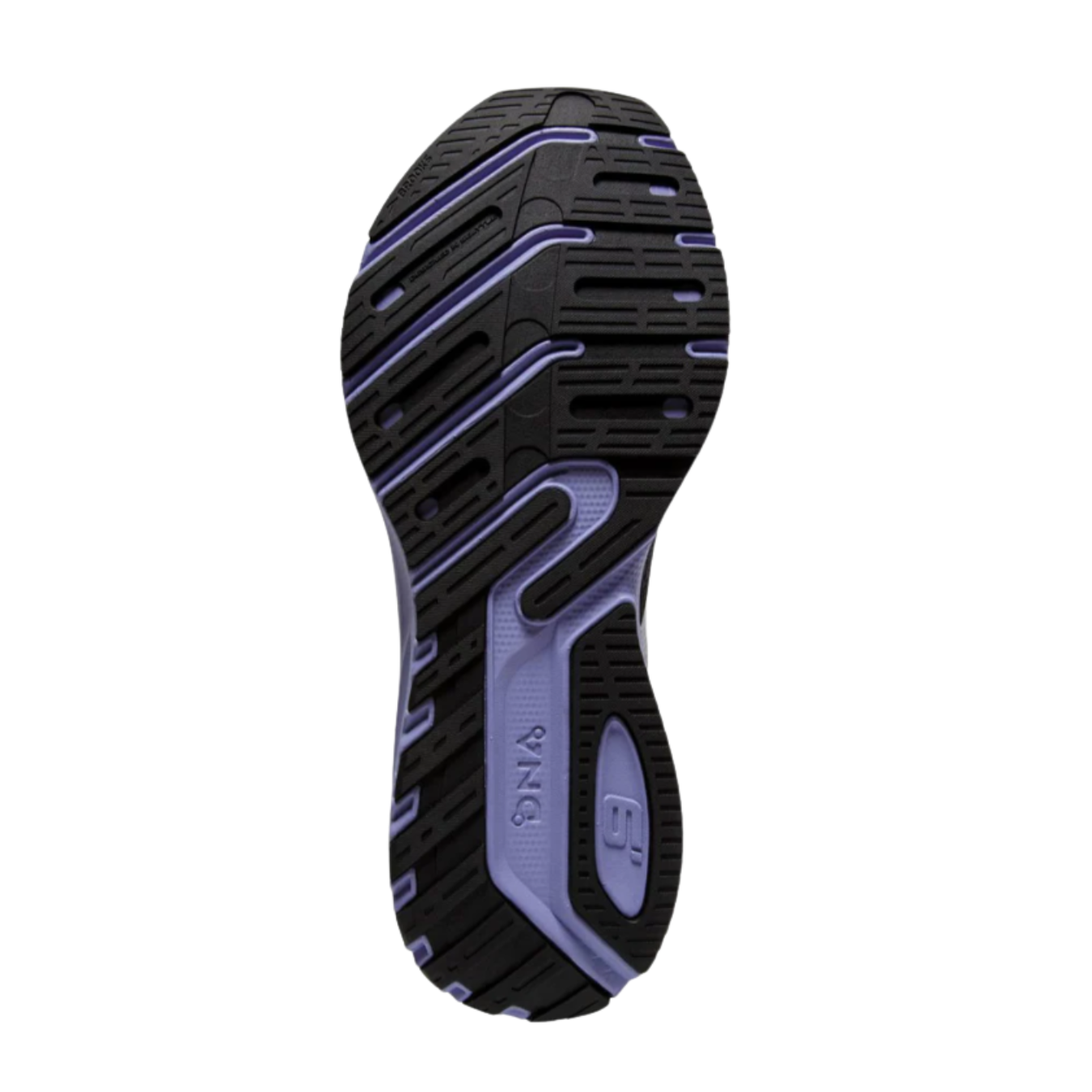 Bottom view of Women’s Brooks Launch 9 in black/ebony/purple – featuring the Green Rubber outsole for enhanced durability and superior traction during speed workouts and daily runs.
