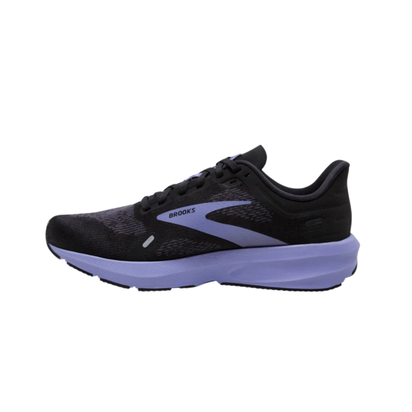 Side view of Women’s Brooks Launch 9 in black/ebony/purple – featuring the Green Rubber outsole for enhanced durability and superior traction during speed workouts and daily runs.