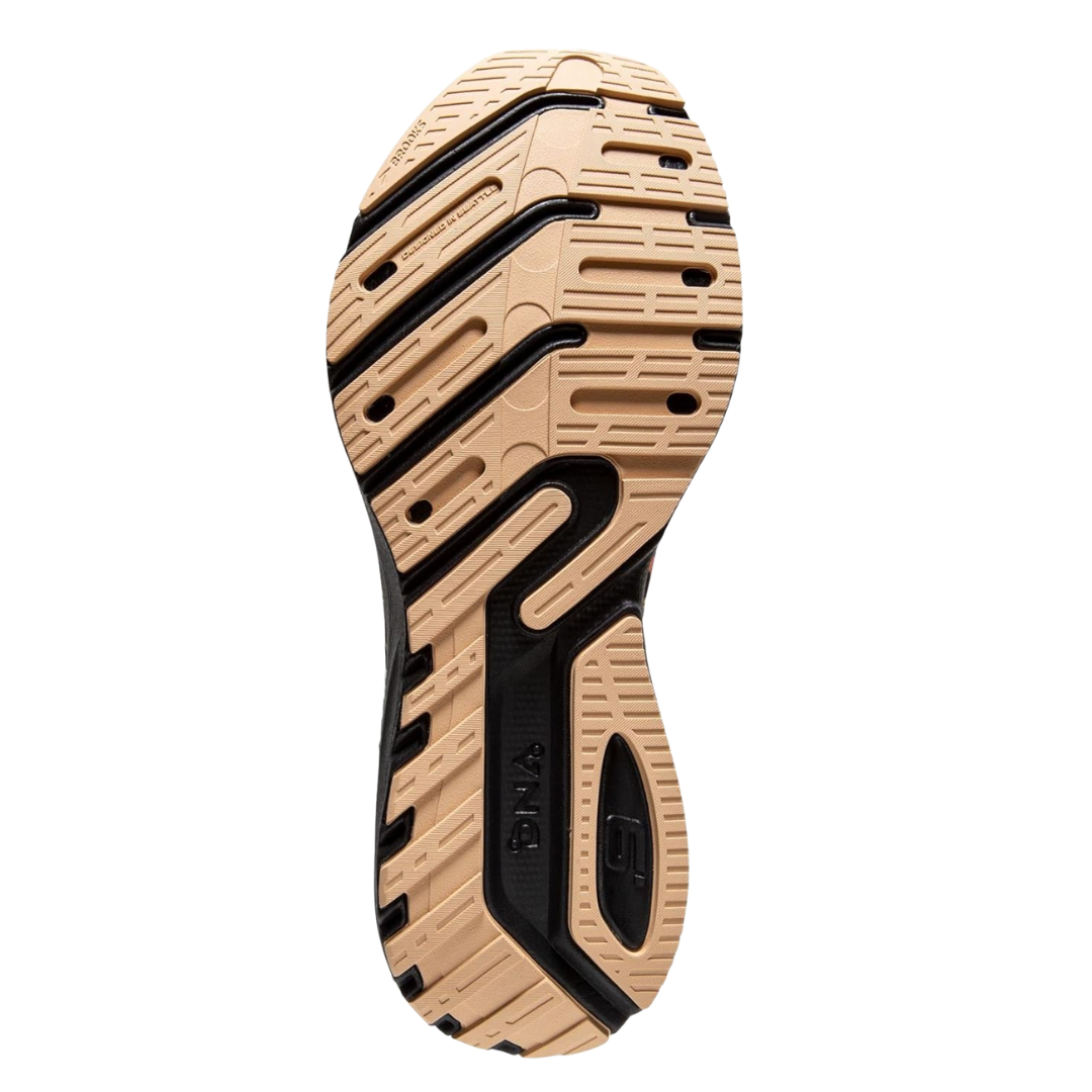 Bottom View of Women’s Brooks Launch 9 running shoe in citrus coral black – featuring a durable rubber outsole with blown rubber in the forefoot, responsive tread pattern for quick transitions, and flex grooves for natural movement.