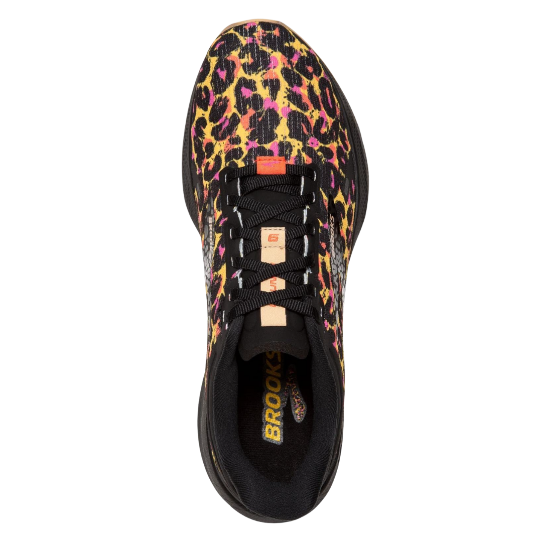 Top View of Women’s Brooks Launch 9 running shoe in citrus coral black – featuring a breathable mesh upper with streamlined silhouette, padded collar for comfort, and lace-up design for a secure fit.