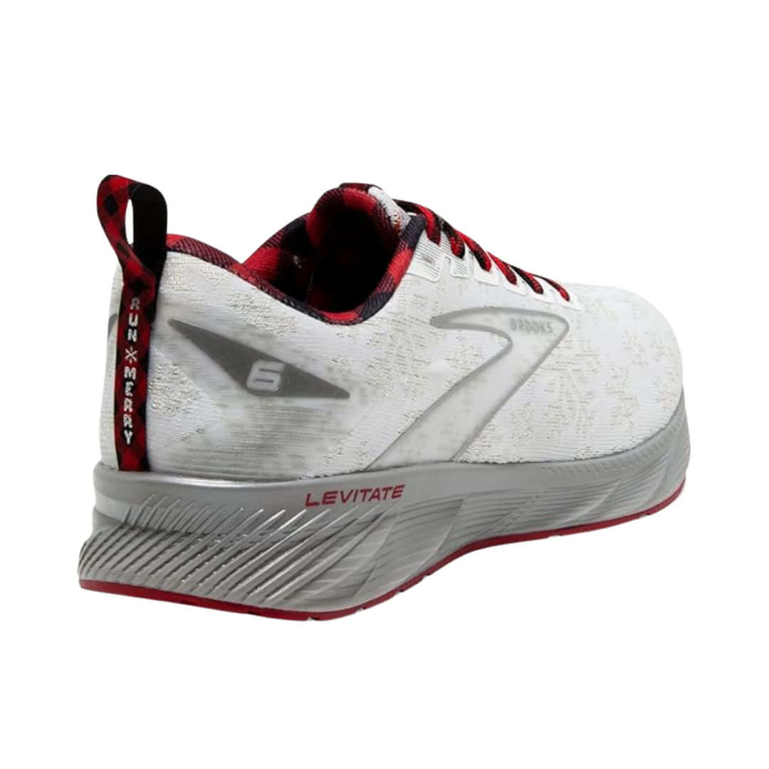 Angled view of Men’s Brooks Levitate 6 running shoe in white, red, and silver – featuring responsive cushioning, lightweight construction, and modern styling for daily training.