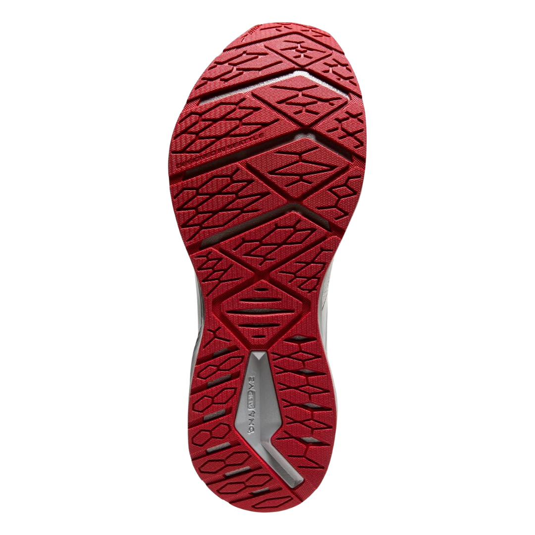 Bottom view of Men’s Brooks Levitate 6 running shoe in white, red, and silver – featuring durable rubber outsole with high-abrasion zones and flex grooves for traction and flexibility.