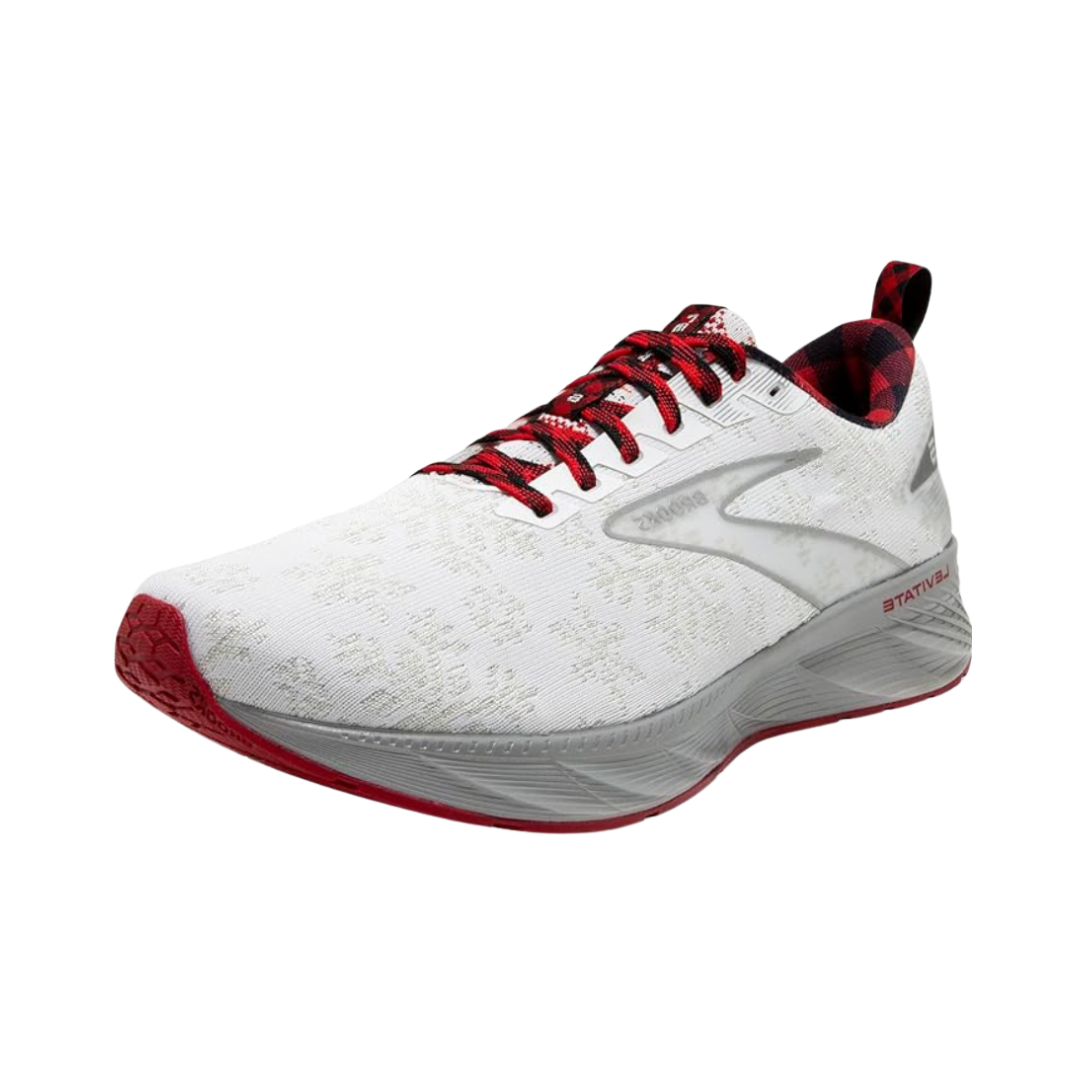 Angled view of Men’s Brooks Levitate 6 running shoe in white, red, and silver – featuring responsive cushioning, lightweight construction, and modern styling for daily training.