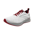 Angled view of Men’s Brooks Levitate 6 running shoe in white, red, and silver – featuring responsive cushioning, lightweight construction, and modern styling for daily training.