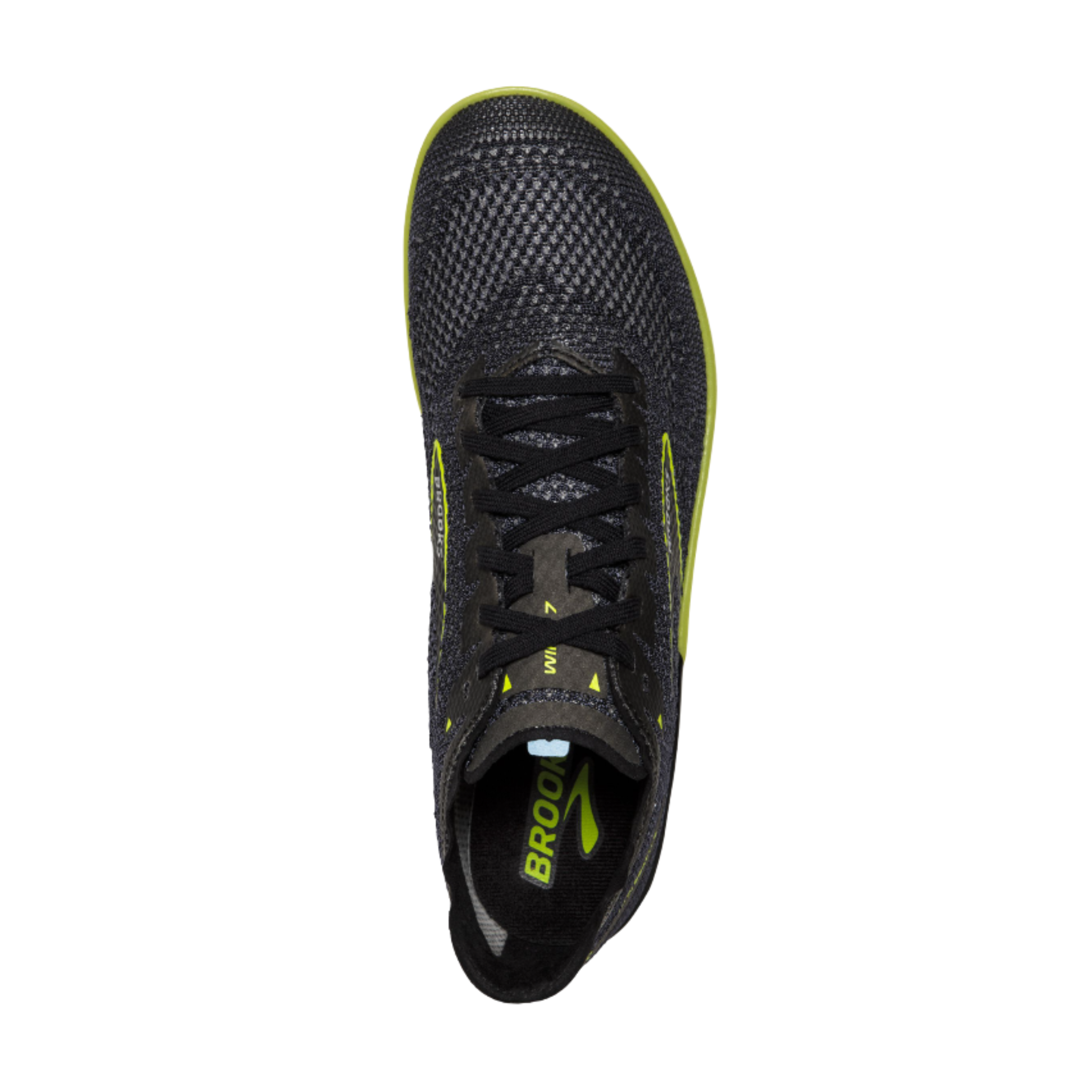 Top View of Unisex Brooks Wire 7 Spikes in Black/Nightlife – Featuring a sleek, streamlined mesh upper designed for lightweight performance and breathability during sprints and races.