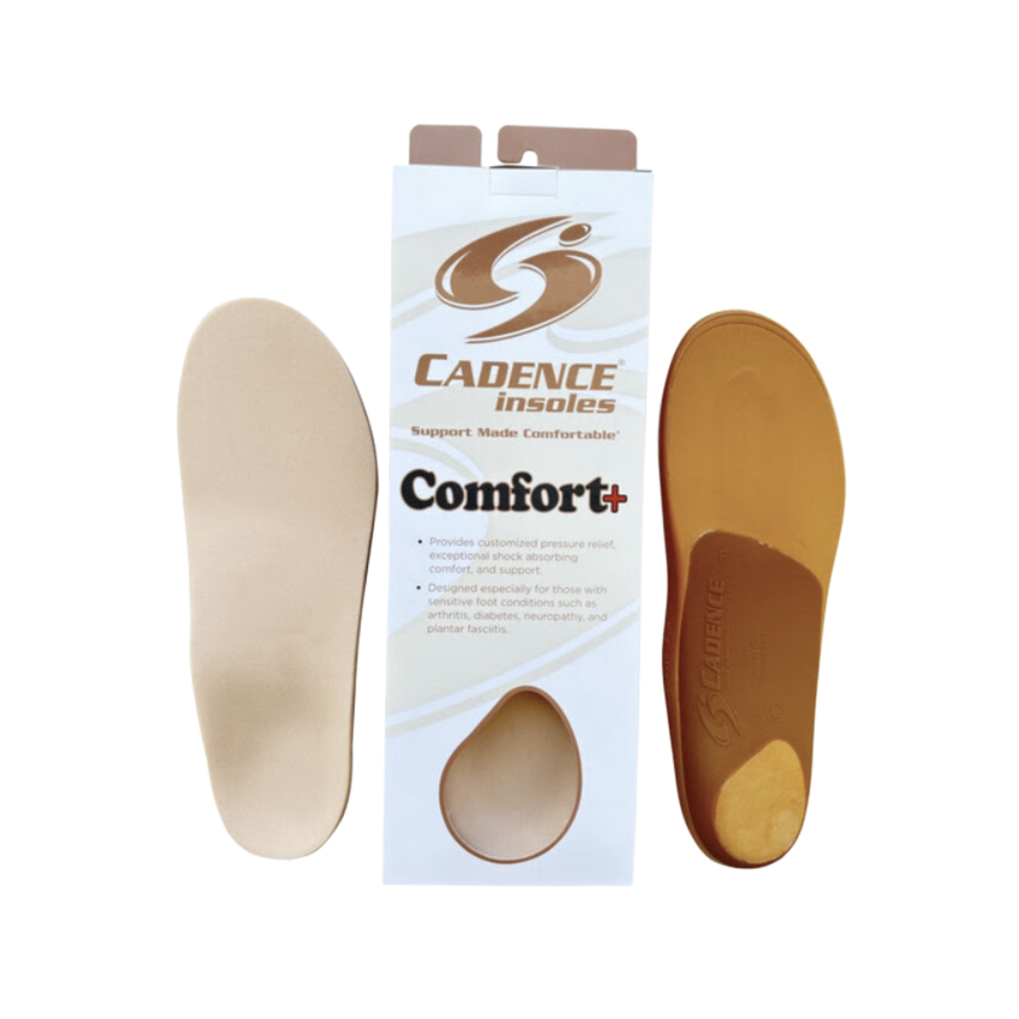 Front View of Unisex Cadence Comfort+ Insole with box – featuring retail-ready packaging, dual-density construction, and contoured design for enhanced comfort and alignment.