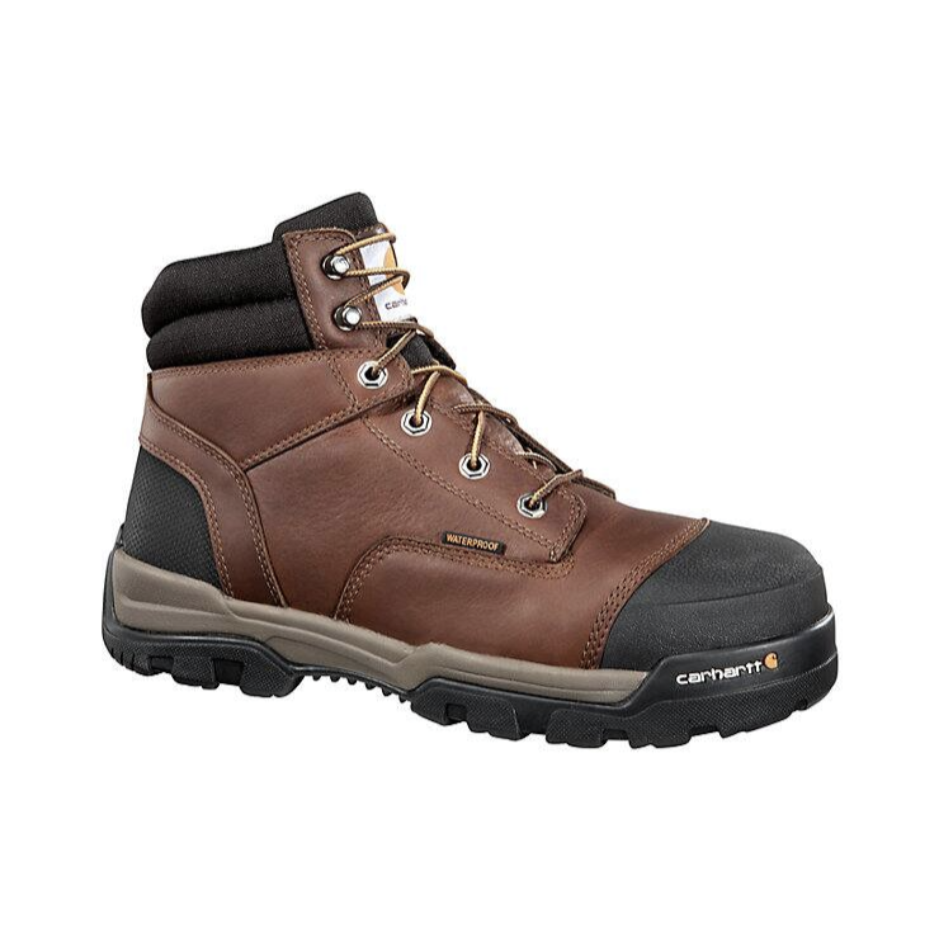 Side view of Men’s Carhartt Ground Force waterproof composite toe boot in brown and black – featuring rugged waterproof leather upper, composite safety toe for impact protection, electrical hazard rating, slip-resistant outsole for stable footing, and memory foam insole for cushioning on the job.