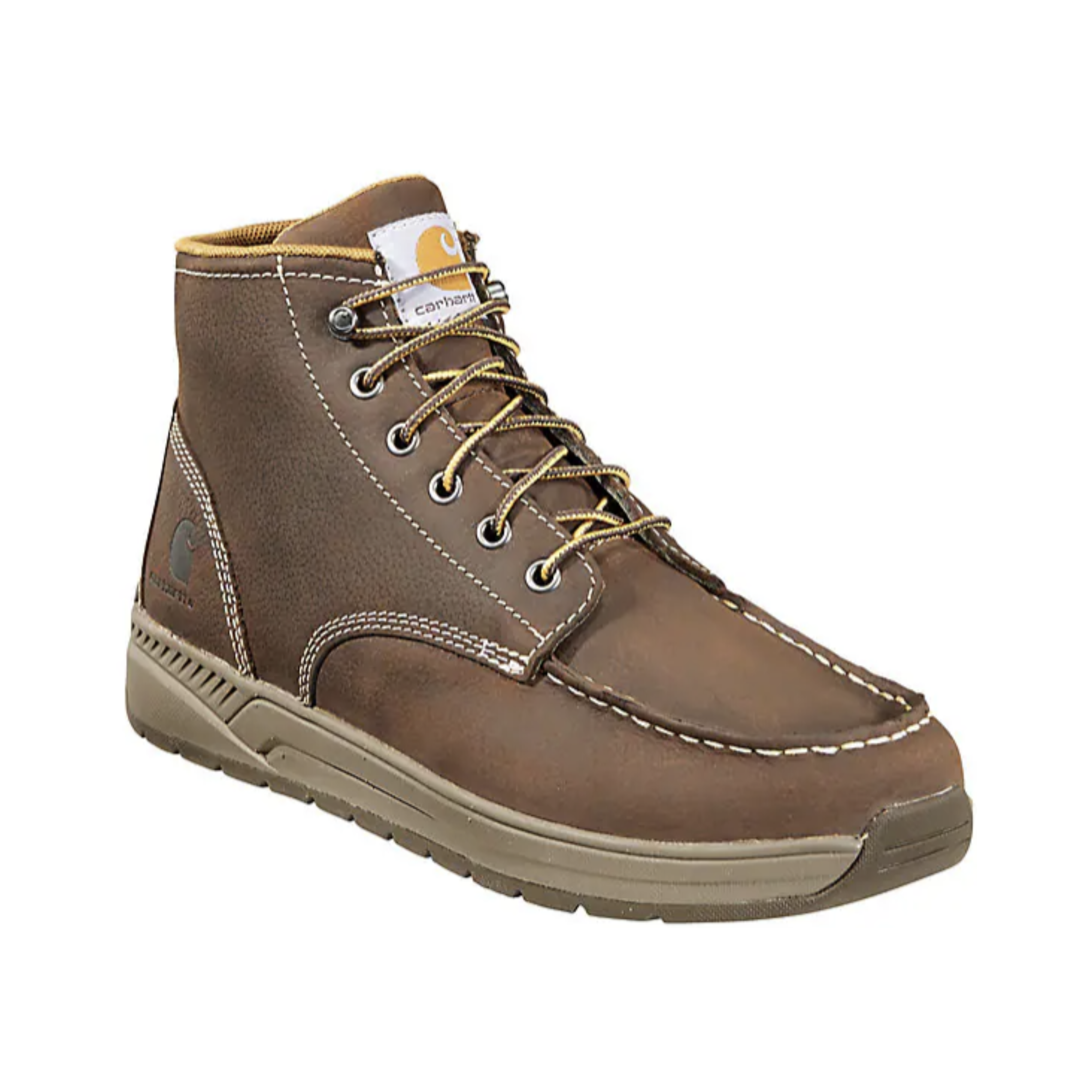 Side view of Men’s Carhartt Lightweight Wedge moc toe work boot in brown – highlighting lightweight waterproof leather upper, moc toe profile, wedge sole for stability and shock absorption, and cushioned footbed designed for prolonged wear.