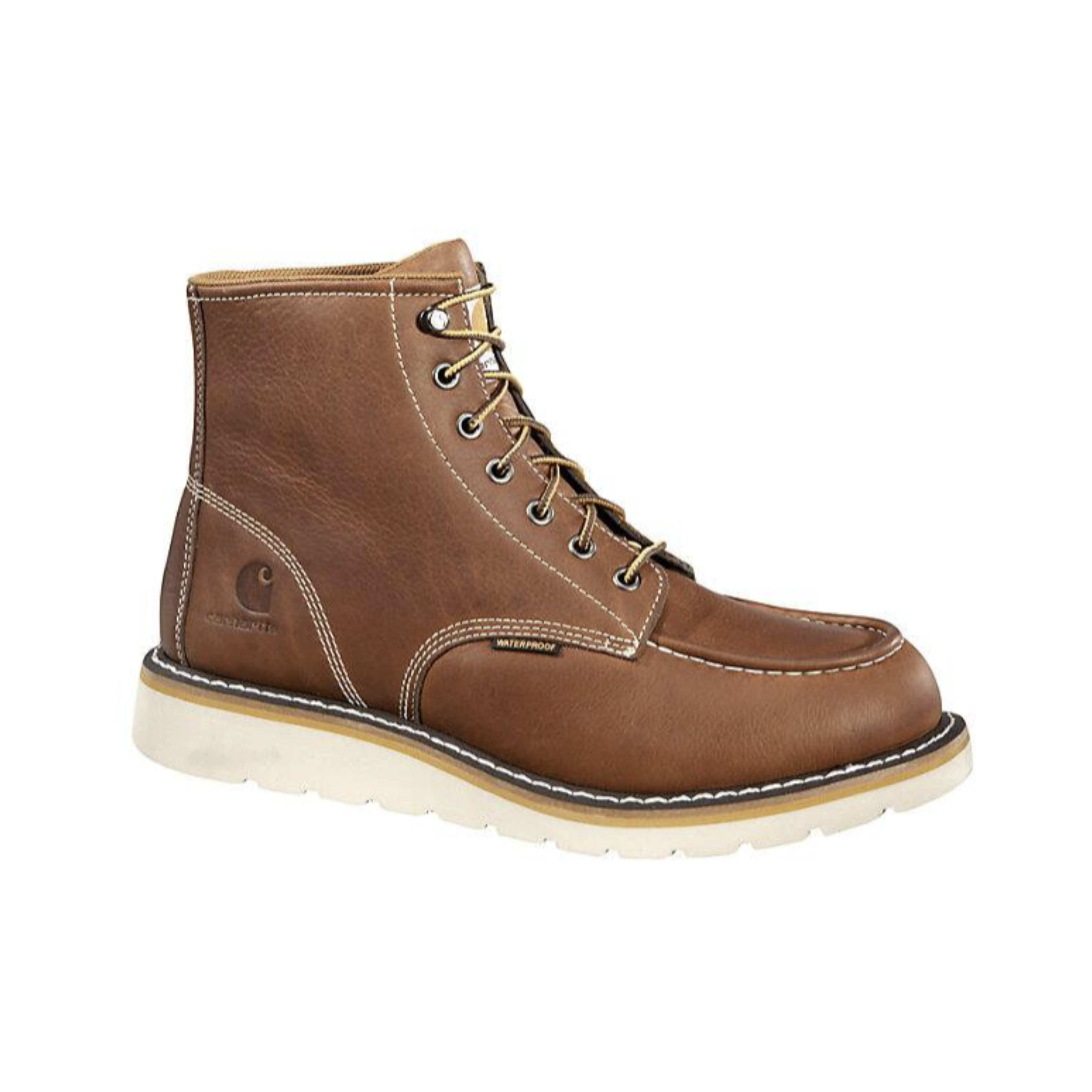 Side view of Men’s Carhartt waterproof 6-inch moc toe work boot in brown – displaying waterproof leather construction, moc toe design with reinforced stitching, cushioned insole for all-day comfort, slip- and oil-resistant rubber outsole, and electrical hazard protection.