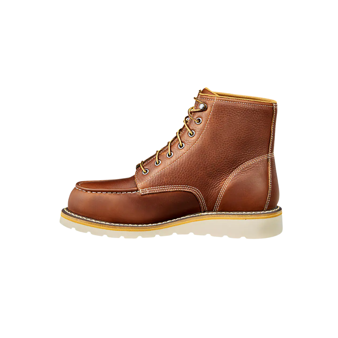 Side view of Men’s Carhartt Waterproof 6-Inch Moc Toe Wedge Boot in soft tan – showcasing Storm Defender® waterproof breathable membrane, FastDry® moisture-wicking lining, and slip-resistant rubber outsole for enhanced traction.