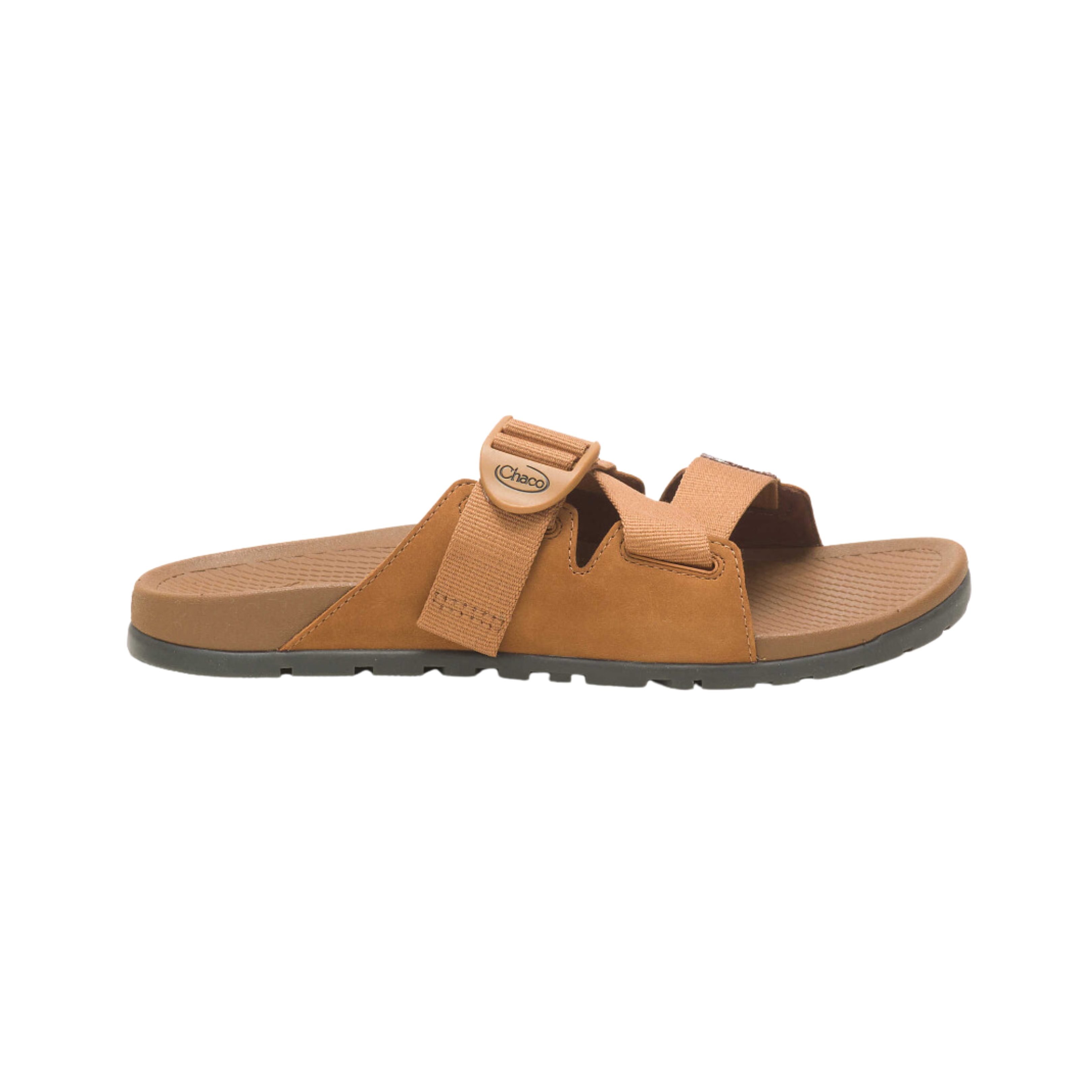 Side view of Women’s Chaco Lowdown Leather slide sandal in burnt orange – featuring full-grain leather upper, contoured footbed for arch support, durable outsole for grip, and slip-on design.