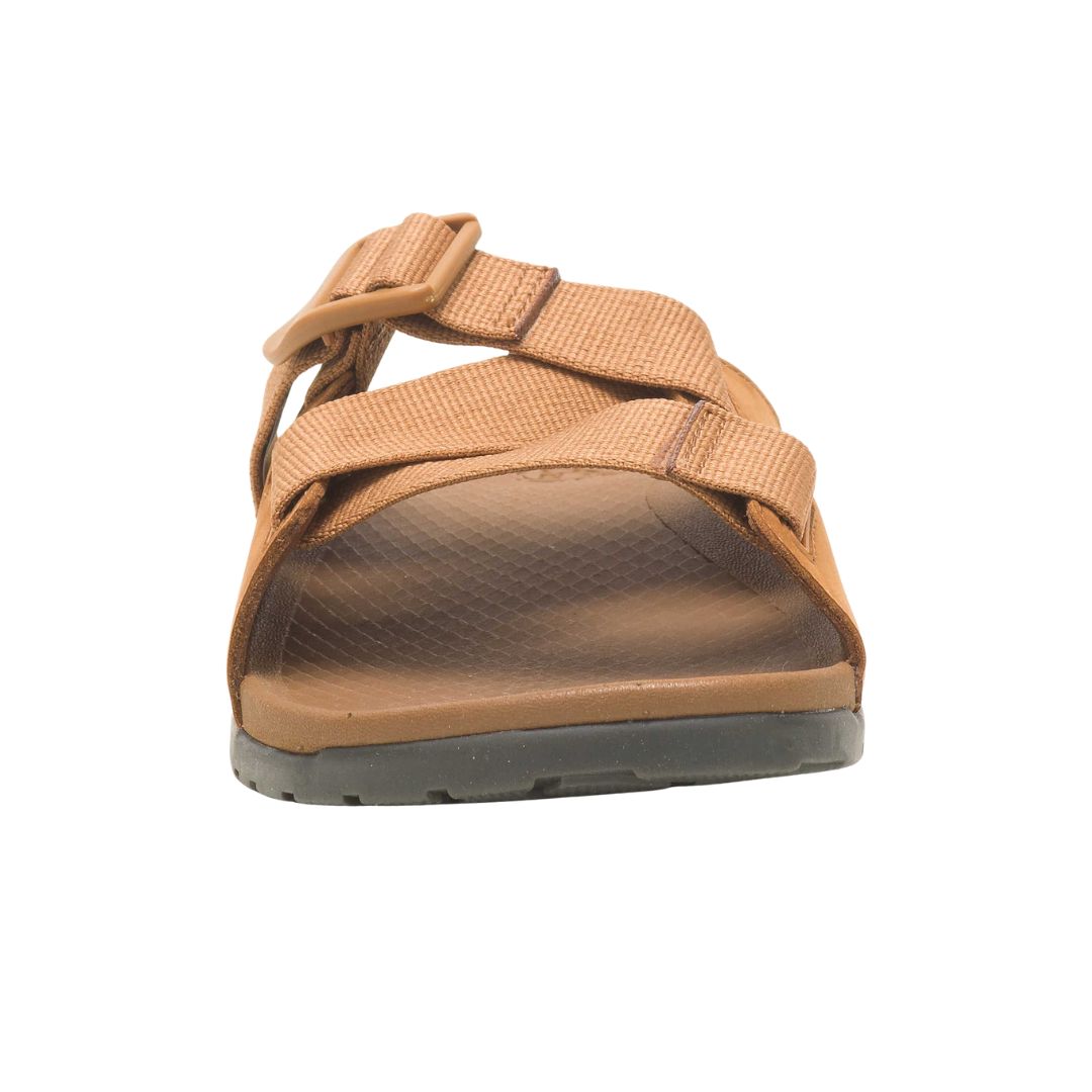 Front view of Women’s Chaco Lowdown Leather Slide in Taffy – featuring an open-toe design, adjustable leather strap, and minimalist aesthetic suitable for various occasions.