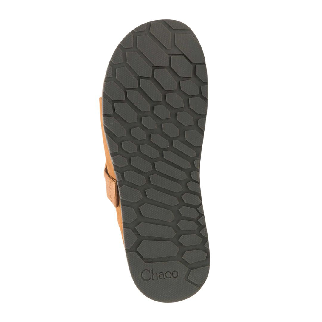 Bottom view of Women’s Chaco Lowdown Leather Slide in Taffy – featuring a non-marking ChacoGrip™ rubber outsole with 3.0mm lug depth for superior traction.