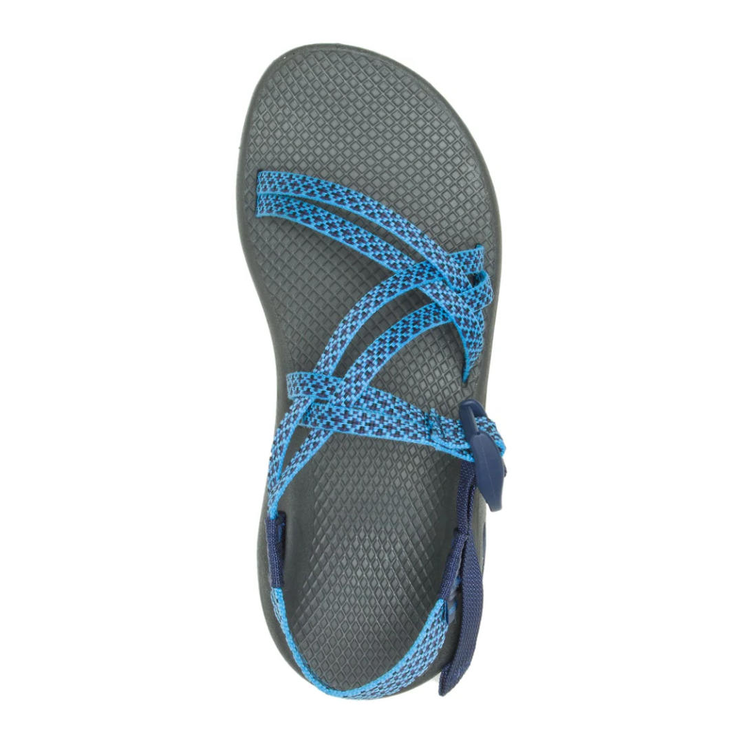 Top view of Women’s Chaco Z/Cloud X sandal in Puzzle Azure Blue – featuring double-strap polyester jacquard webbing, cushioned LUVSEAT™ PU footbed, and textured surface for enhanced comfort.