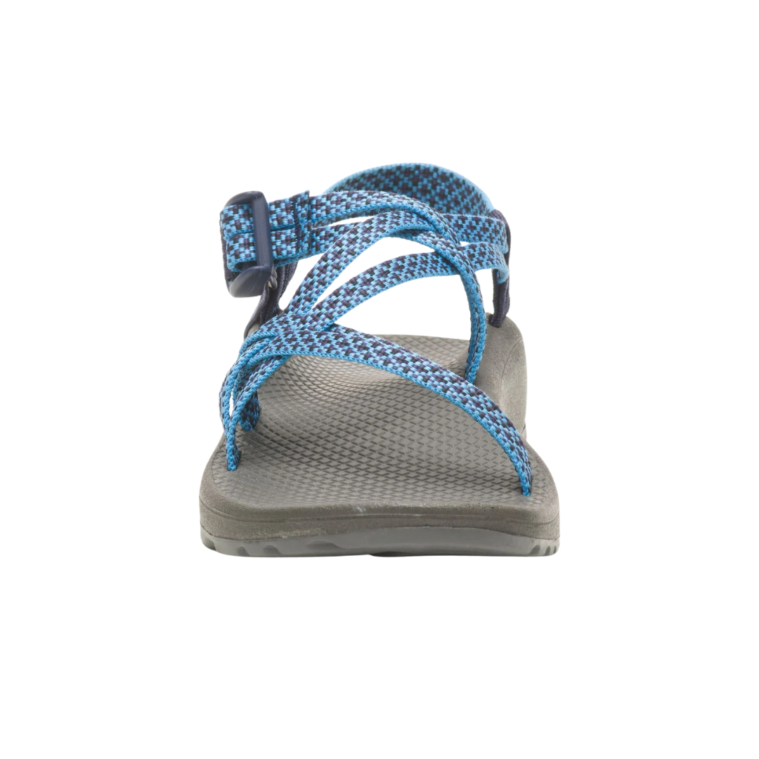Back view of Women’s Chaco Z/Cloud X sandal in Puzzle Azure Blue – featuring heel strap with adjustable buckle and padded support for a secure fit