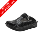 Side View of Women’s Alegria Classic shoe in Score – featuring slip-on clog design, cork-and-latex footbed for arch support, and rocker outsole for ergonomic stride.