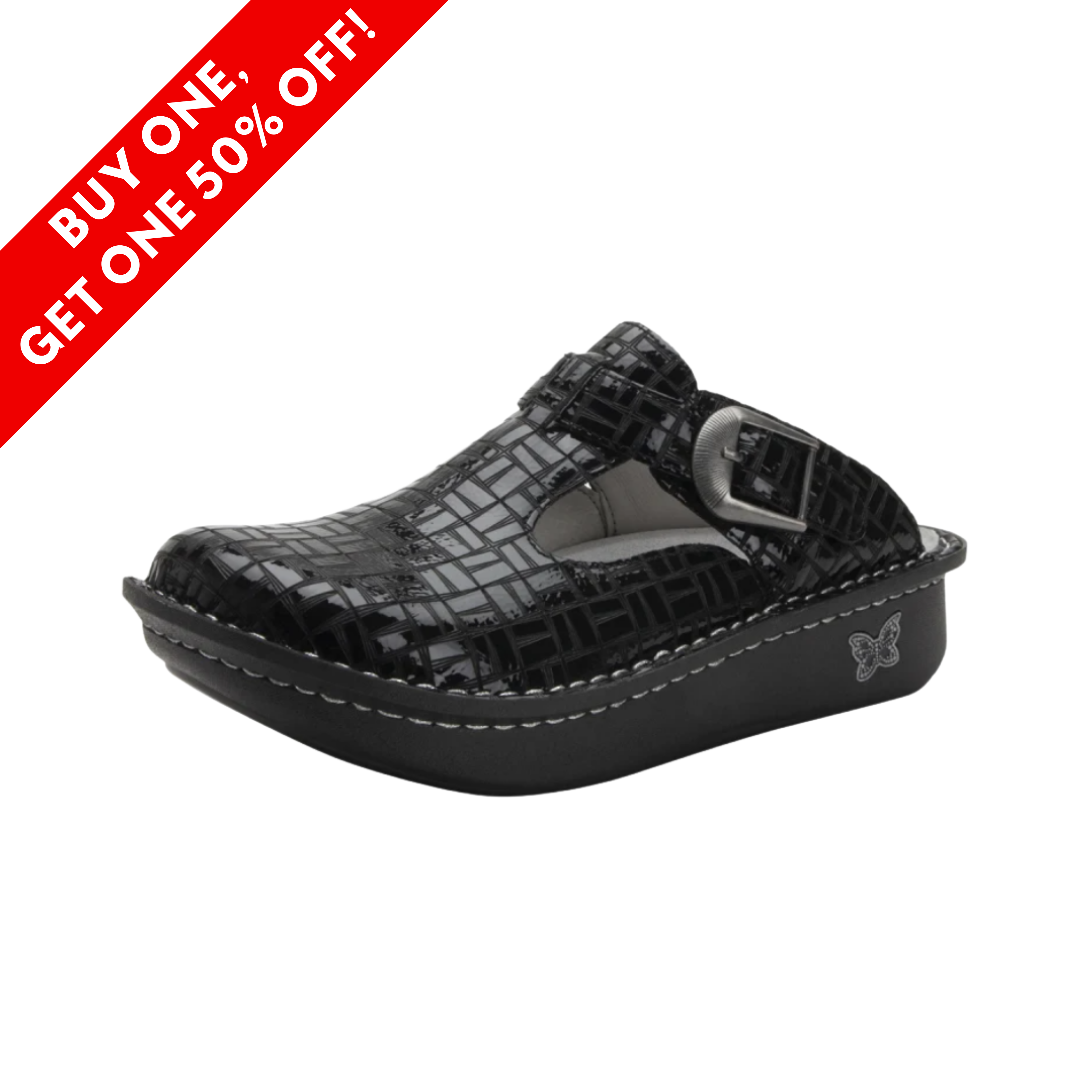 Side View of Women’s Alegria Classic shoe in Score – featuring slip-on clog design, cork-and-latex footbed for arch support, and rocker outsole for ergonomic stride.