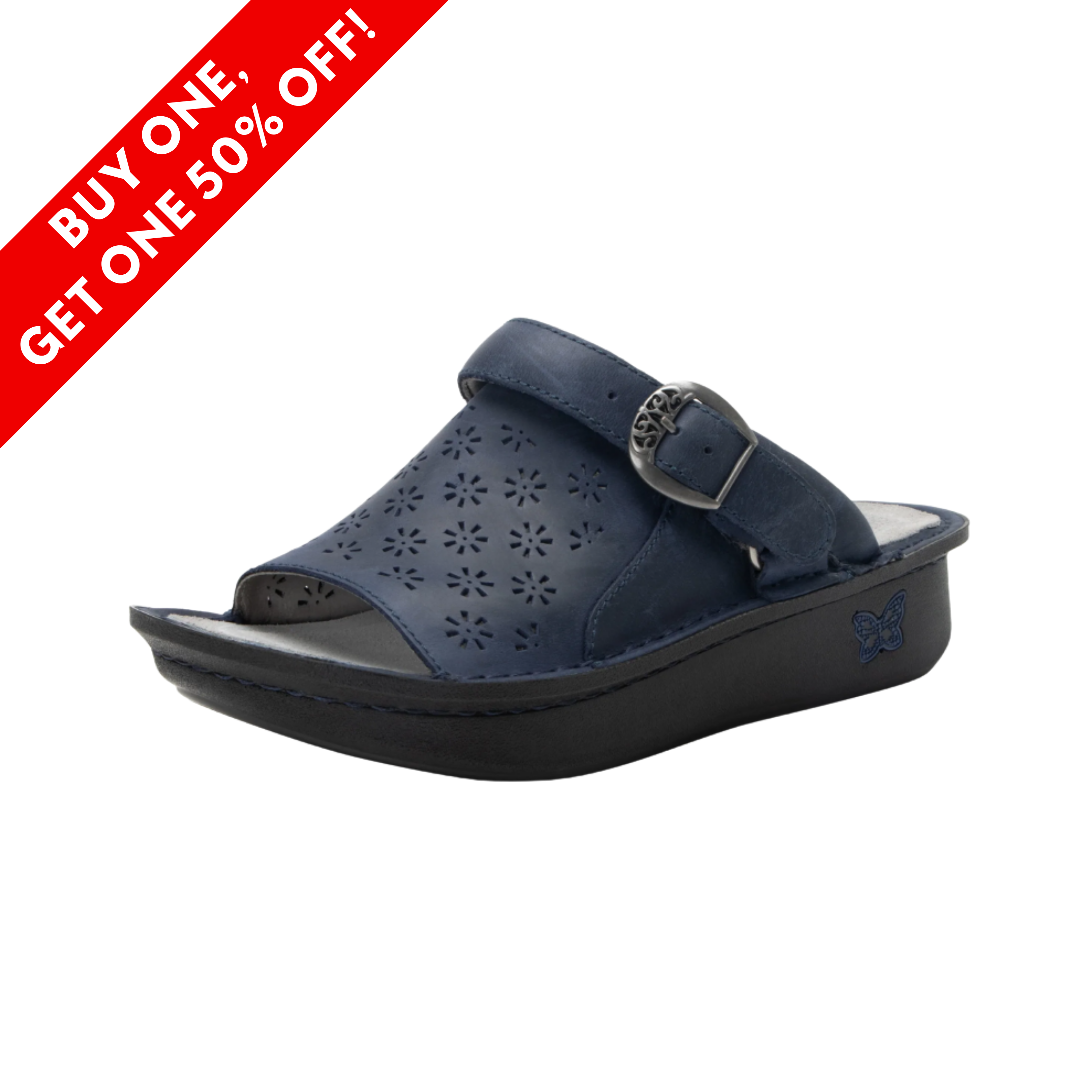 Side View of Women’s Alegria Klover shoe in oiled navy – featuring hook-and-loop strap closure, removable footbed, and stain-resistant leather upper.