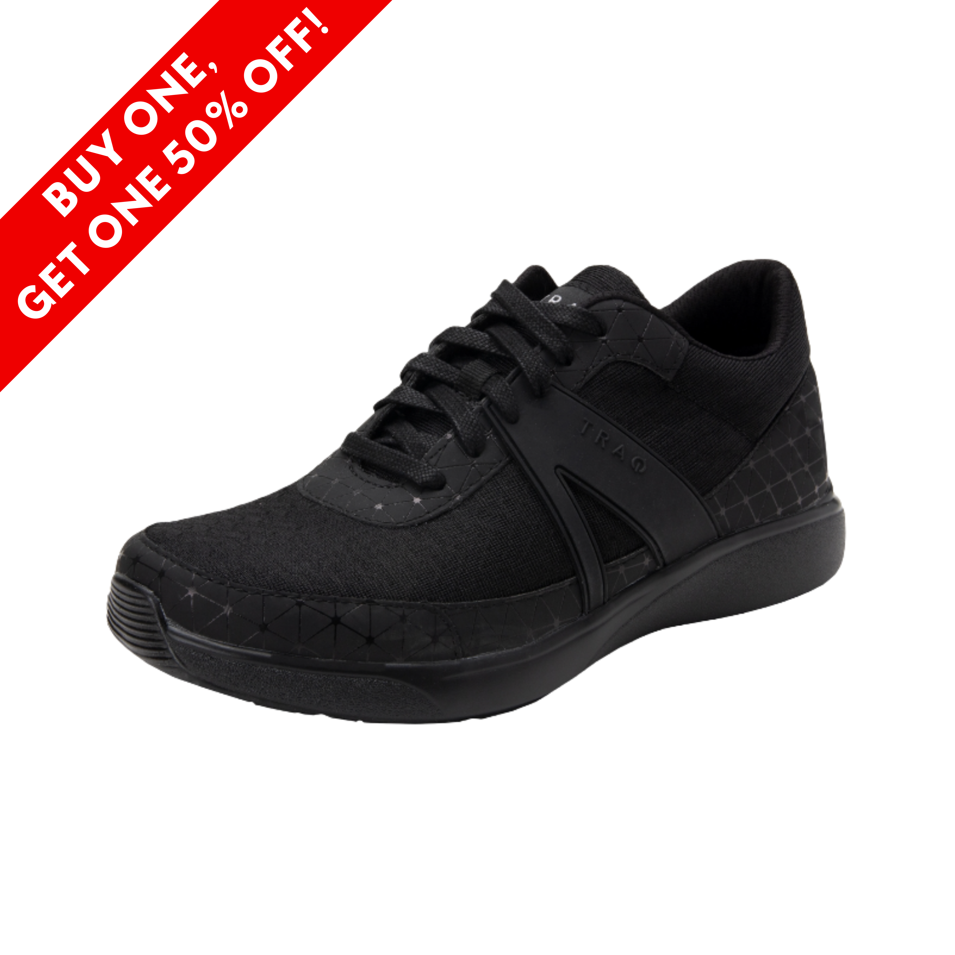 Side View of Women’s Alegria TRAQ Qarma walking shoe in blackswell – featuring a breathable mesh upper, cushioned removable footbed for support, and a built-in Q-chip pedometer for step tracking and smart comfort.