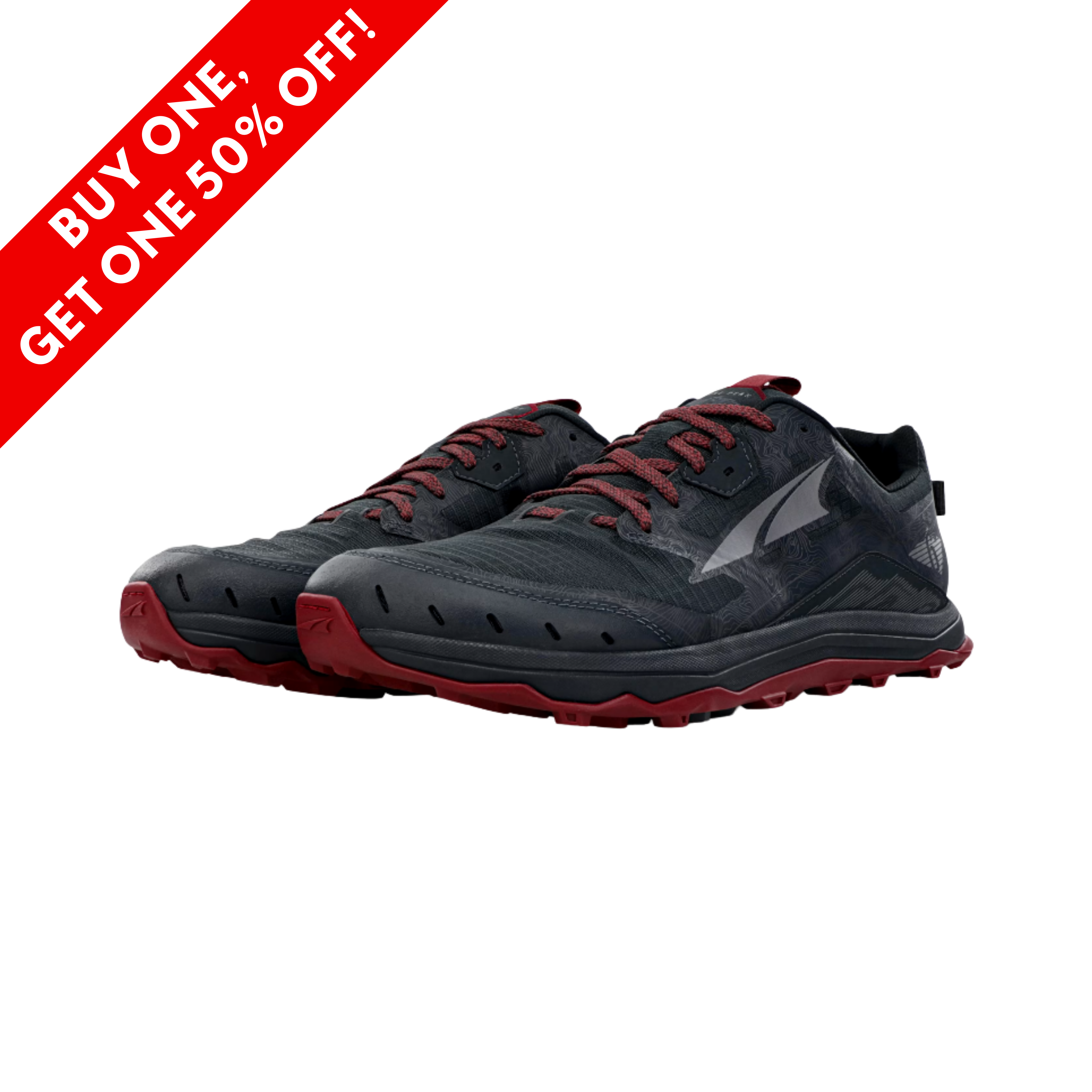Side View of Men’s Altra Lone Peak 6 trail shoe in black and gray – featuring FootShape™ fit, MaxTrac™ outsole for trail grip, and a responsive yet cushioned ride.