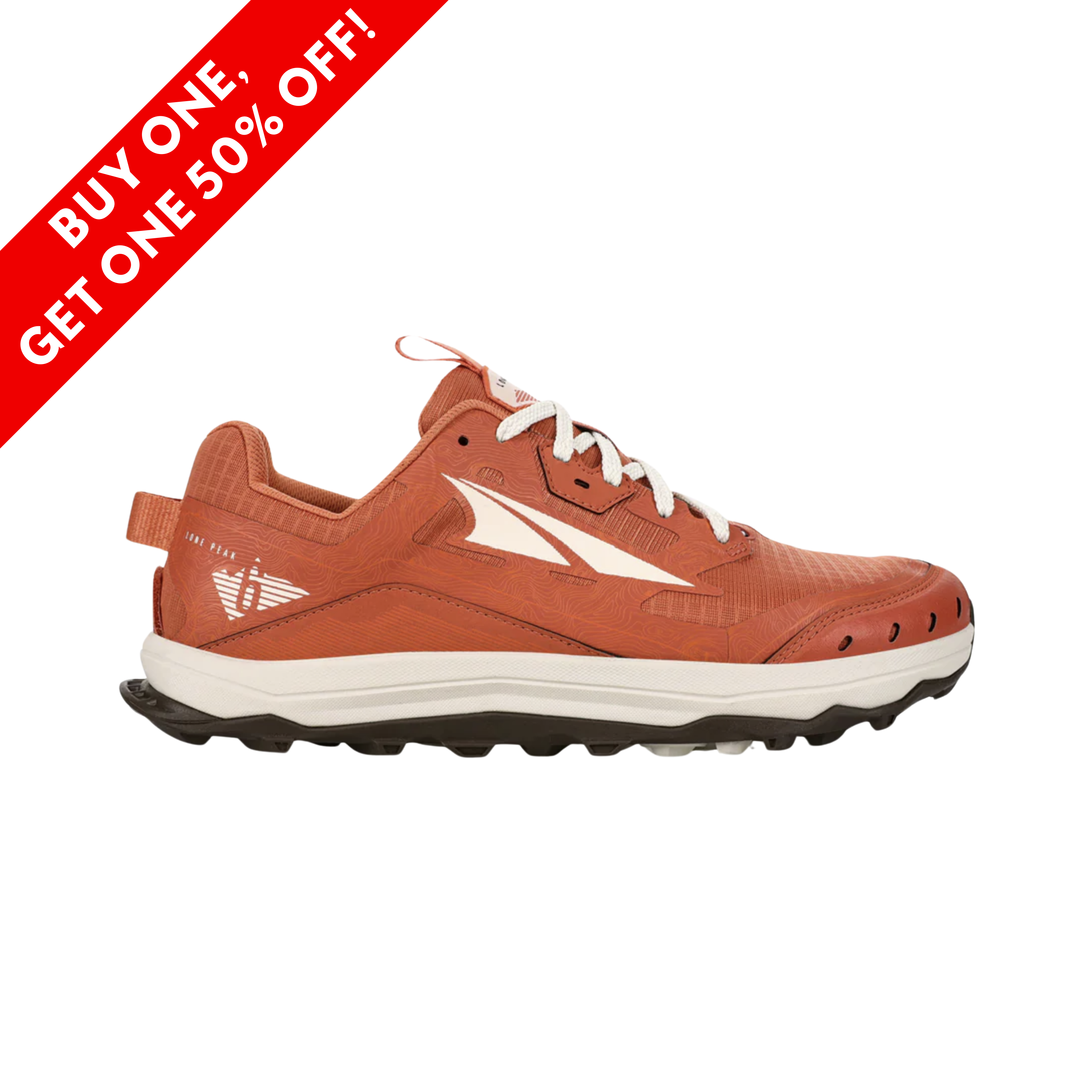 Side View of Women’s Altra Lone Peak 6 trail shoe in red and gray – featuring durable ripstop upper, StoneGuard™ protection, and responsive midsole for rocky terrain.