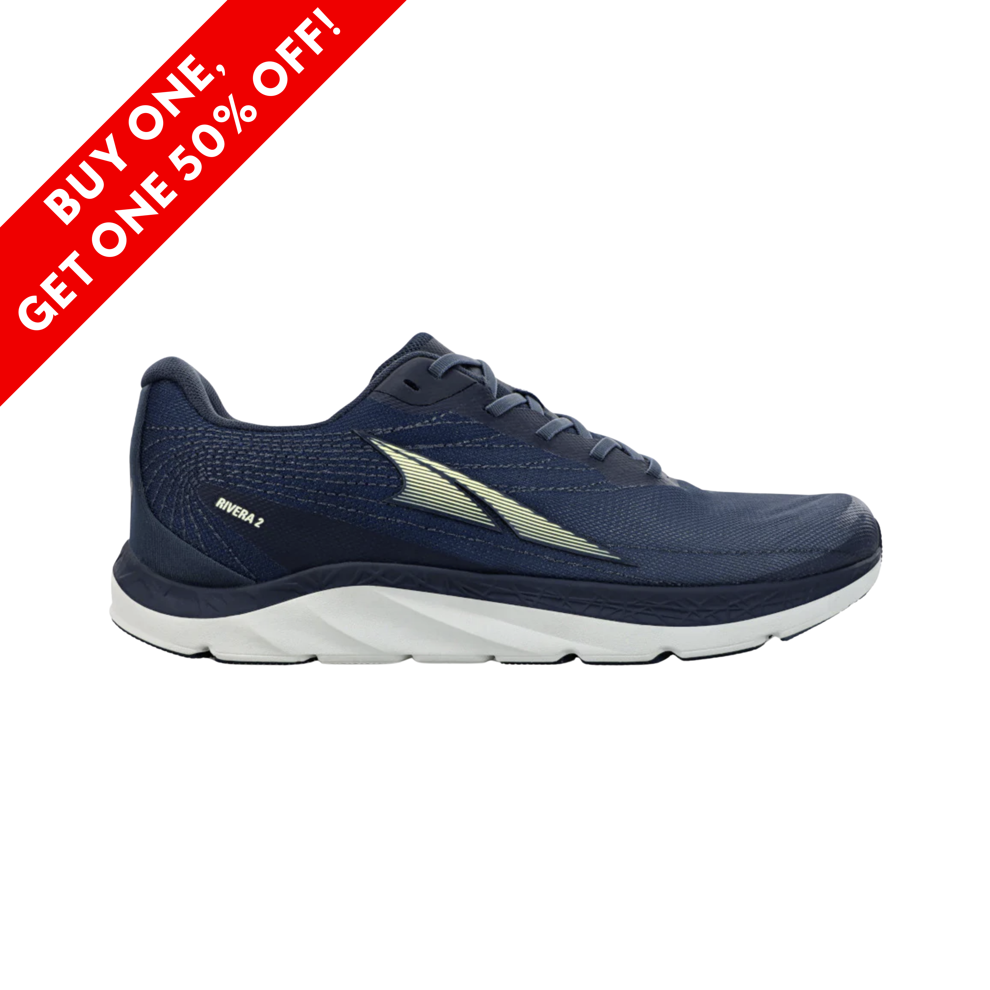 Side View of Men’s Altra Rivera 2 running shoe in navy – featuring slim FootShape™ fit, responsive Altra EGO™ midsole, and breathable performance mesh for daily runs.