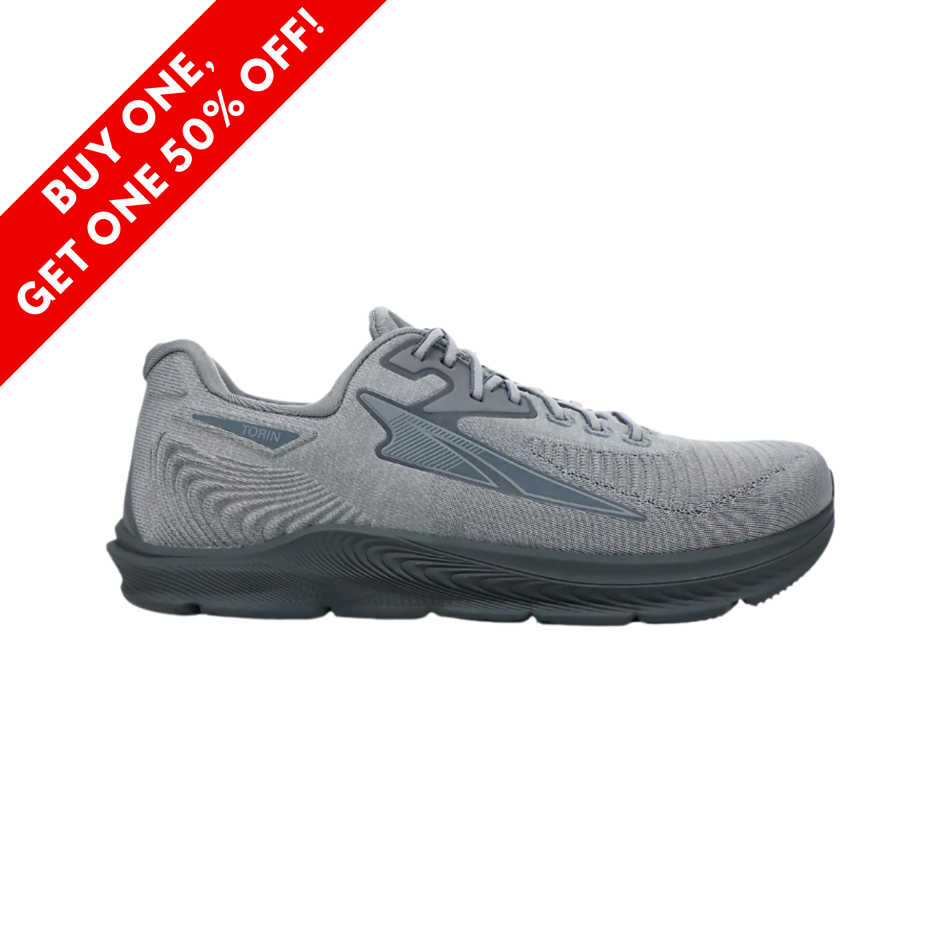 Side View of Men’s Altra Torin 5 Luxe running shoe in dark grey – featuring premium knit upper for step-in comfort, Altra EGO™ cushioning for responsiveness, and FootShape™ toe box for natural alignment.